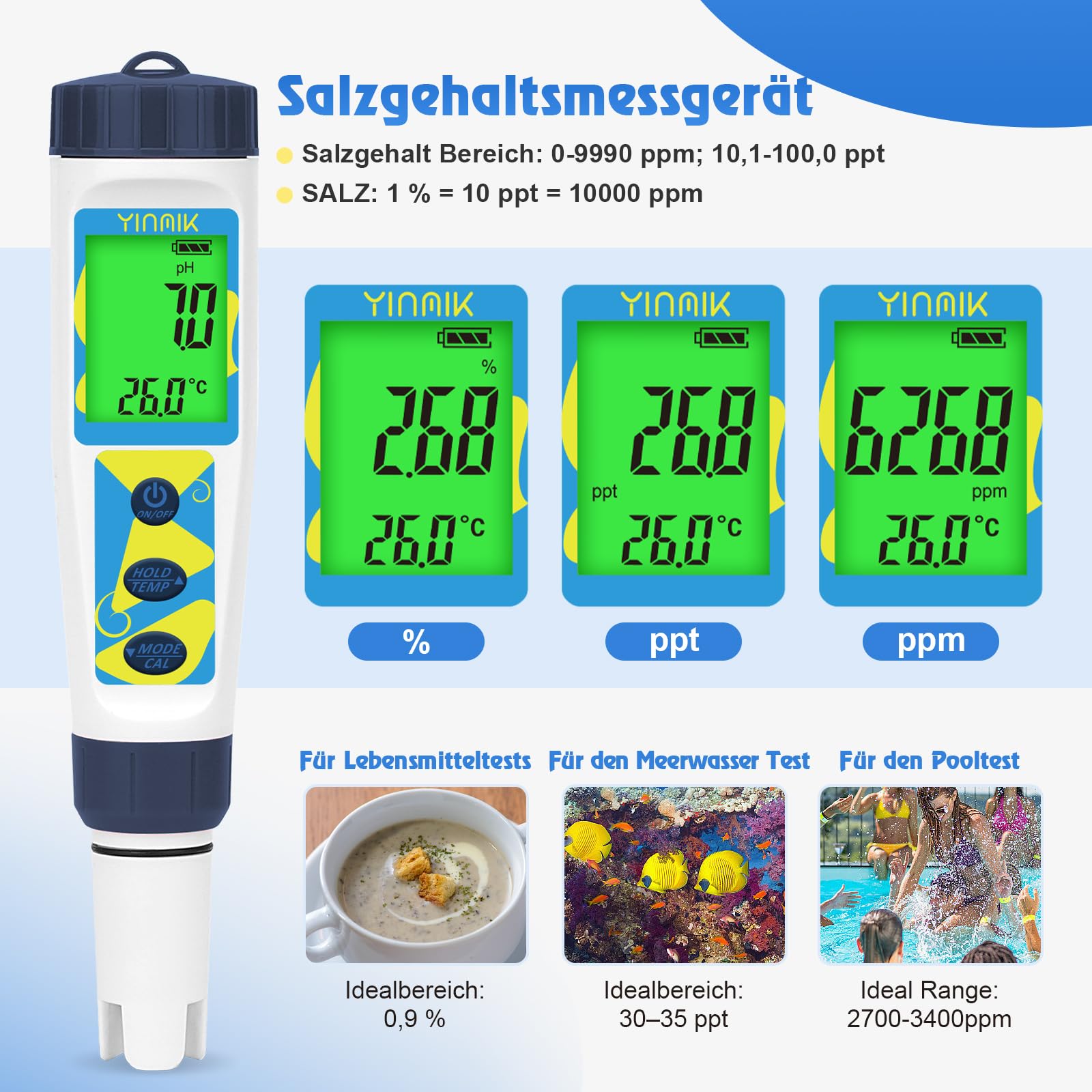 YINMIK pH Messgerät für Wasser, 5 in 1 Messgerät für pH Salz EC TDS Temperatur, pH Wert Messgerät, Salzgehalts Messer für Meerwasser Pool, Leitfähigkeit PPM Messer für Trinkwasser und Hydrokulturen