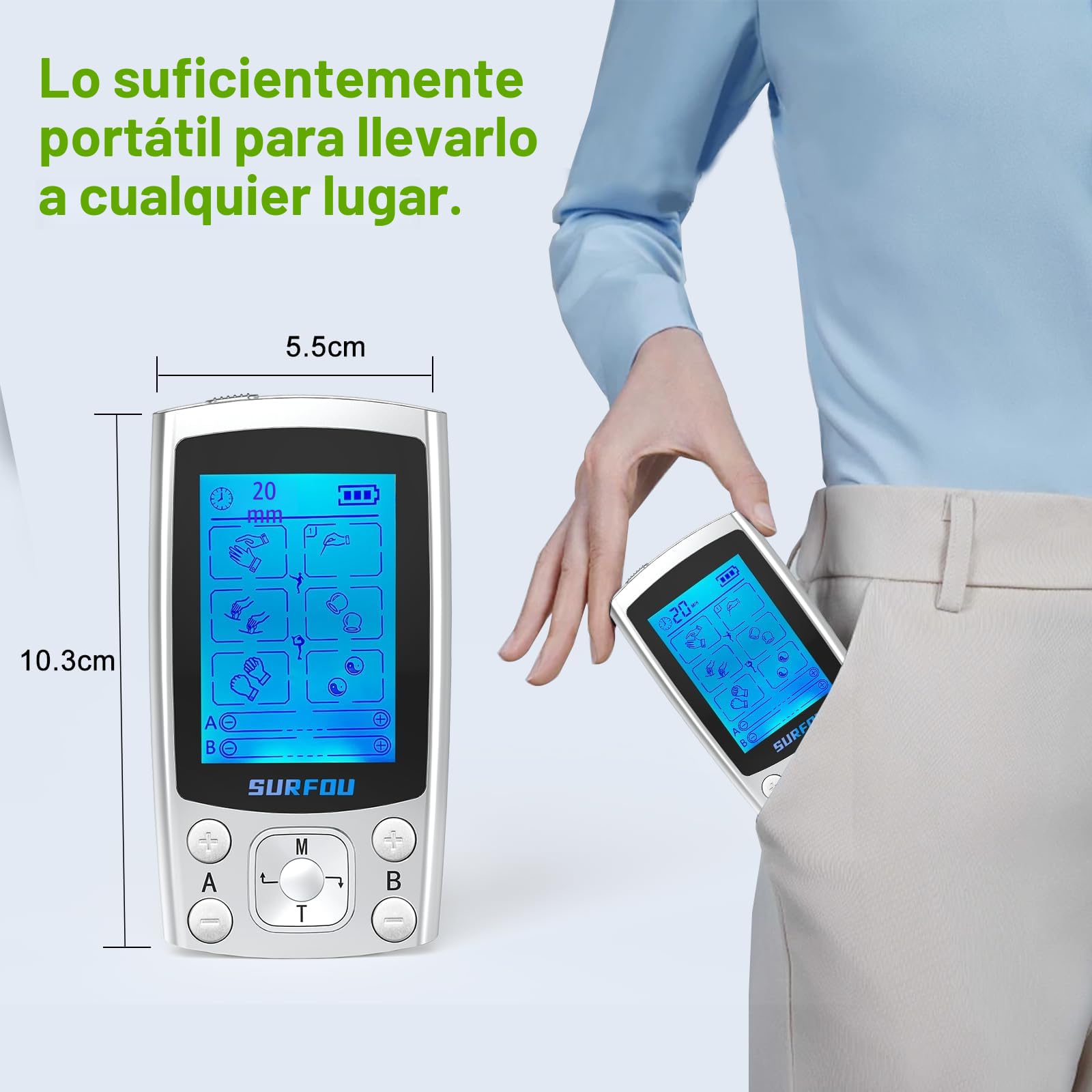 SURFOU TENS - Dispositivo de tratamiento del dolor, 2 canales, simulador de trabajo de parto con 6 modos, 20 niveles de intensidad, 3 en 1 TENS/EMS, estimulador para estimulación muscular, masaje