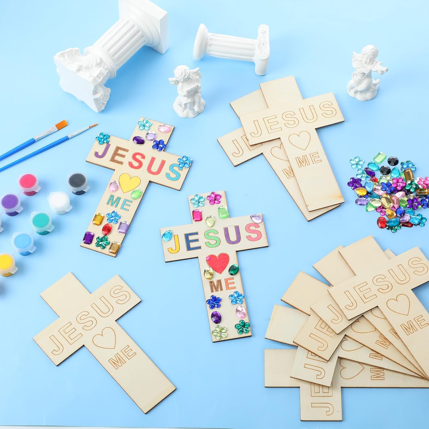 Blueweenly 60 Pcs DIY Wood Cross Crafts for Kids Sunday School Vacation Bible School Supplies Jesus Love Me Religious Christian Craft with Stickers Paint Unfinished Cross Gift for Church