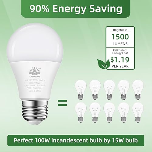 Miniatura 3 de YAOHENG Bombillas LED A19 equivalentes a 100 W, 1500 lúmenes, luz blanca diurna 5000 K, bombillas A19 de base estándar E26, no regulables de 15 W de