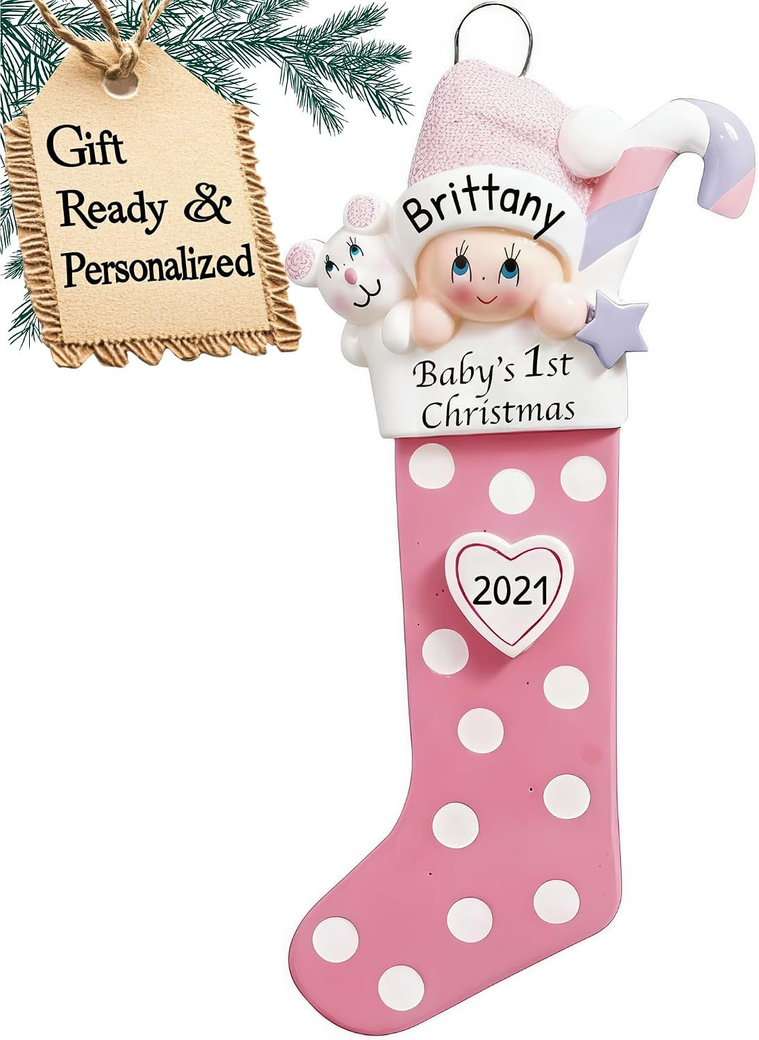 3D Personalized Babys First Christmas Ornament 2026 Girl | Pink Polka Dot Stocking Baby's First Christmas Ornament 2026 Baby Ornaments for Xmas Tree My 1st Xmas Girl Ornaments for New Parents Couples