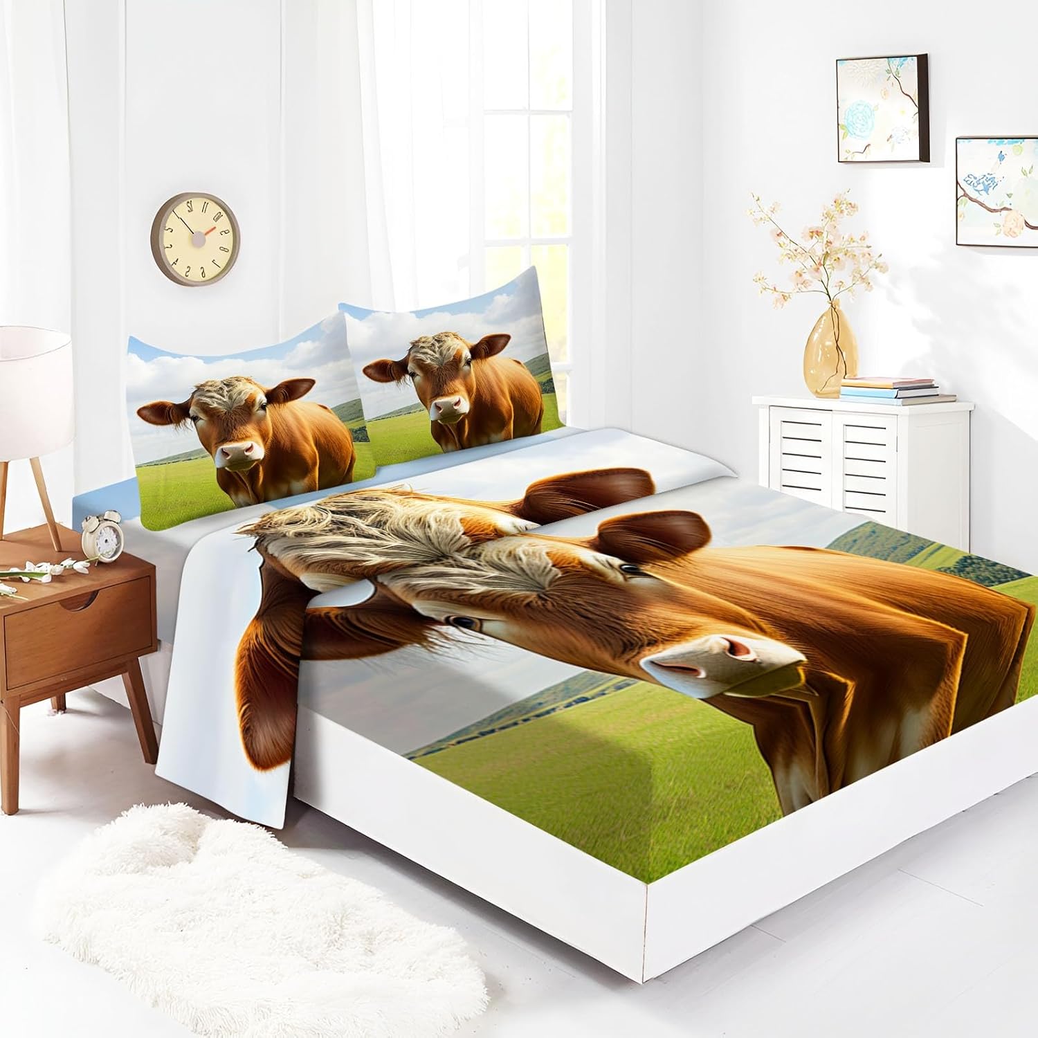 Animal Alpine Cow Queen Sheets Set Fitted Flat Sheet & Pillowcase Sets 4 Piece, Bed Sheets Brushed Microfiber Soft and Breathable, Deep Pocket Fitted Sheet Easy Care