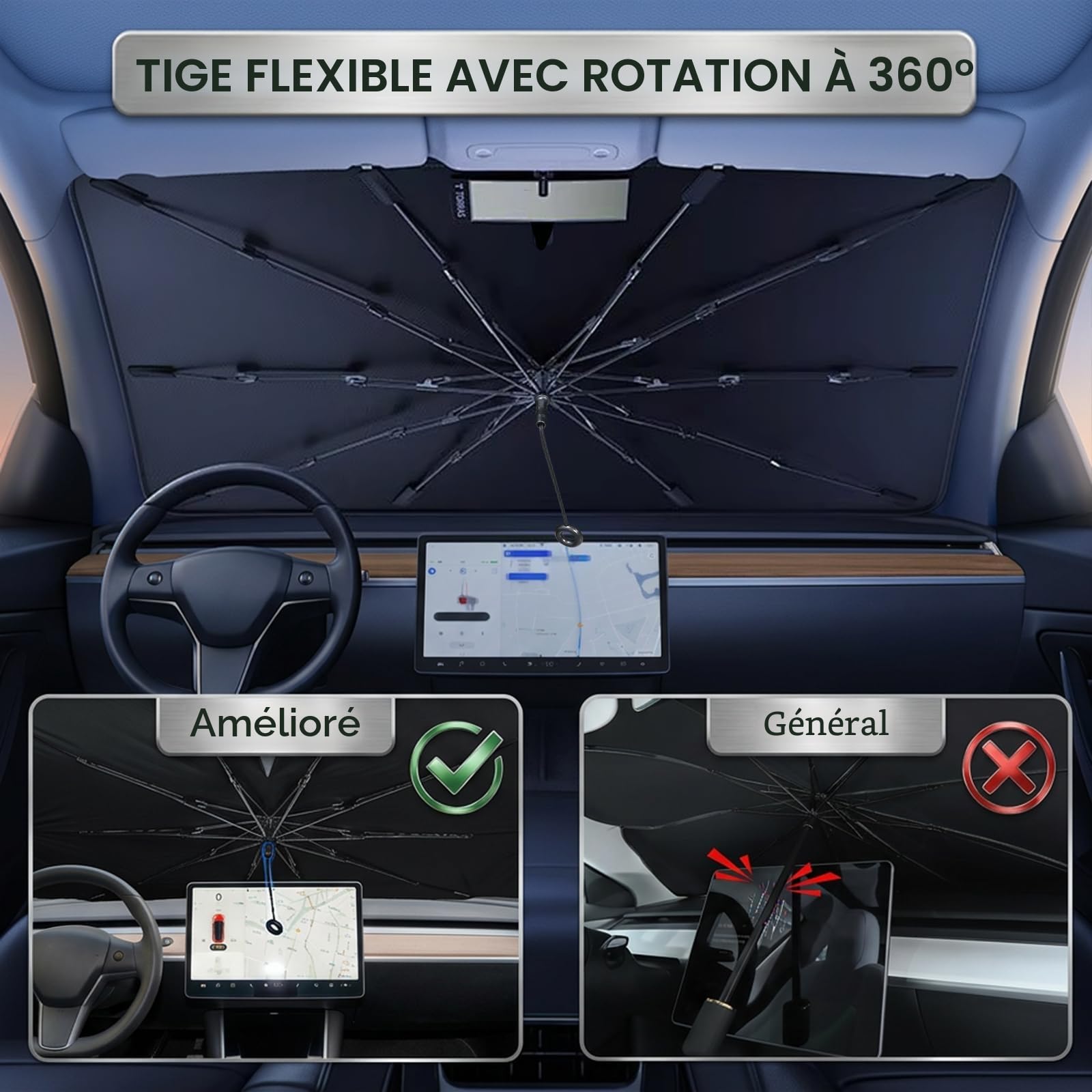 Pare-Soleil Voiture Pare-Brise Avant, Pliable Parapluie Anti-UV Et Anti-Chaleur, Protection Solaire Universelle pour SUV, Camionnettes, Mpv Et Voitures, Facile À Utiliser Et À Ranger