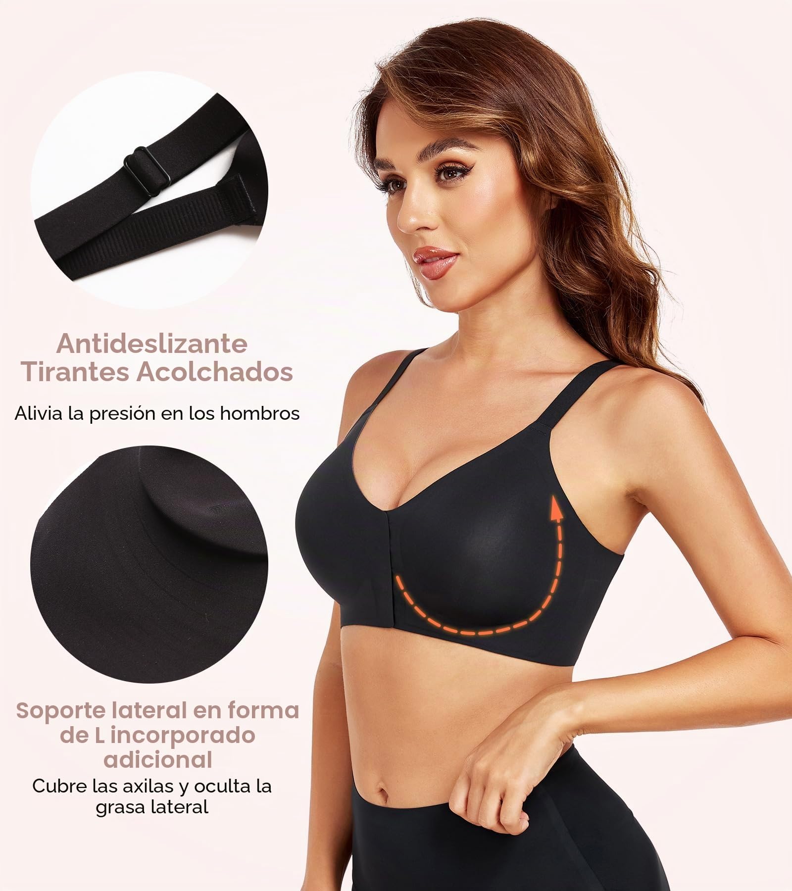 Lemorosy Sujetador Mujer Sin Aros Sin Costuras Cierre Delantero | Escote en V Con relleno Antideslizante Espalda ancha en X Comodidad prolongada sin irritaciones en la piel y diseño invisible
