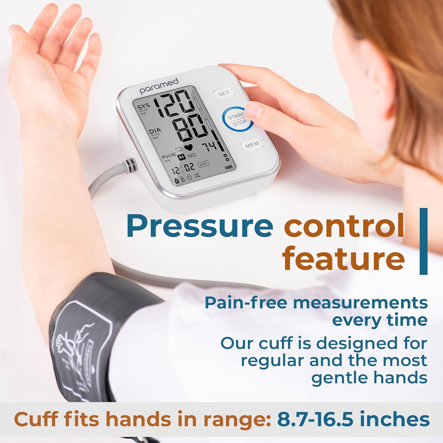 Paramed Blood Pressure Monitor - Bp Machine - Automatic Upper Arm Blood Pressure Cuff 8.7-16.5 inches - Large LCD Display 120 Sets Memory - Device Bag & Batteries Included