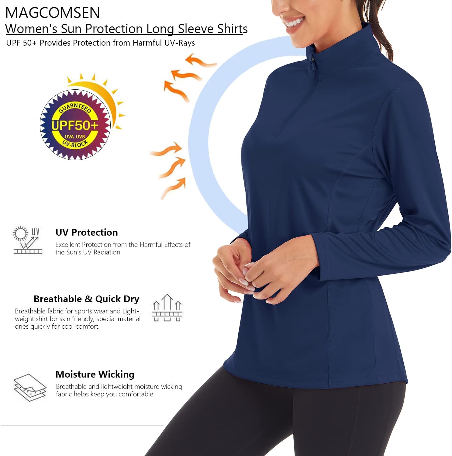 MAGCOMSEN Women's Shirts Long Sleeve 1/4 Zip UPF50+ UV Sun Protection Quick Dry Workout Hiking Athletic Shirts Rash Guard Navy X-Large