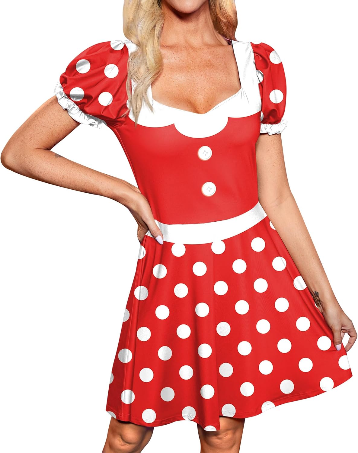 Womens Halloween Flatter Ruffled Cuffs Tunic Dress Cosplay Mini Party Holiday Aline Costume Polka Red XL