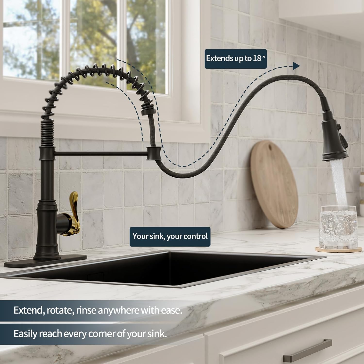 BWE Black and Gold Kitchen Faucet with Pull Down Sprayer Single Handle High Arc Spring Commercial 3 Functions Kitchen Sink Faucet Solid Brass with 10" Deck Plate for Sink 1 or 3 Holes