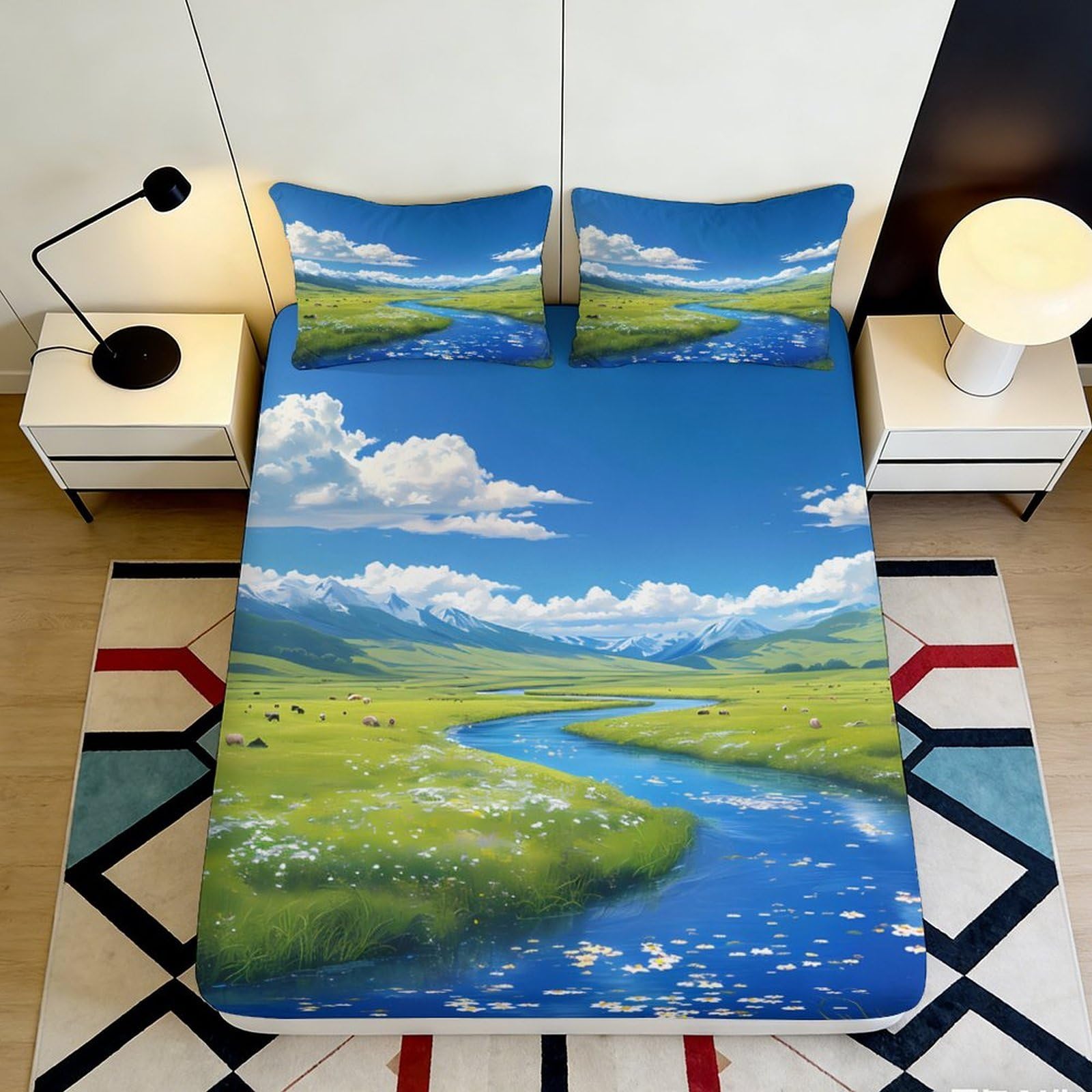 3D Printed Meadow Landscape Fitted Sheet Microfiber Soft Breathable River Valley Bed Cover for Bedroom Guest Room Decor 120x200x25cm