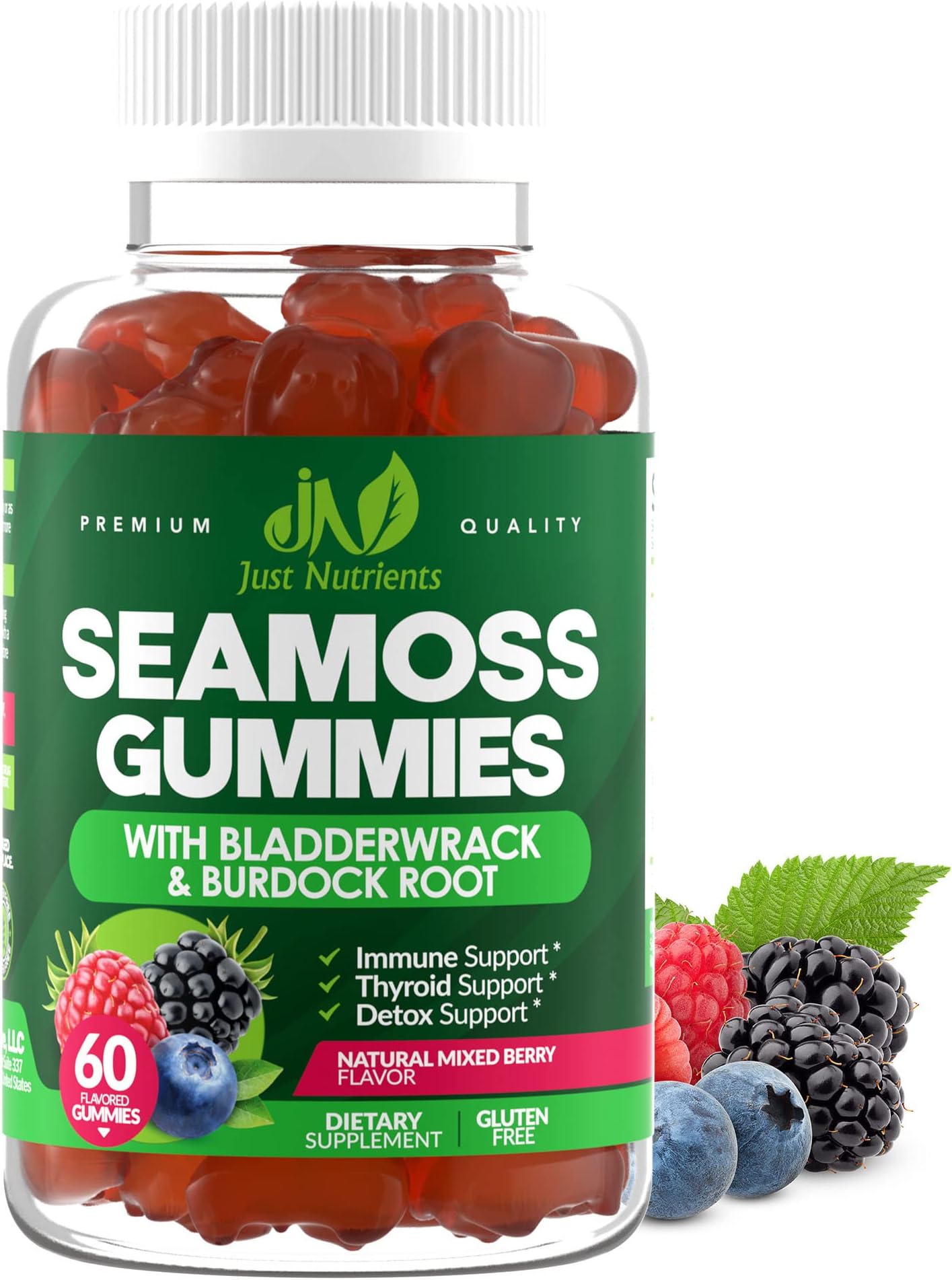 Sea Moss 3000mg Gummies with Bladderwrack and Burdock Root - Natural Irish Sea Moss Superfood for Immune, Thyroid and Detox Support - Extra Strength for Men & Women - Gluten-Free, Vegan - 60 Gummies
