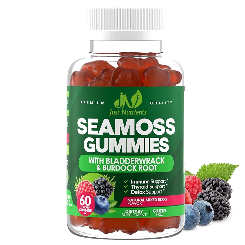 Just Nutrients Suplemento de Musgo-marinho com Bladderwrack e Raiz de Bardana 3.000 mg, 60 gomas