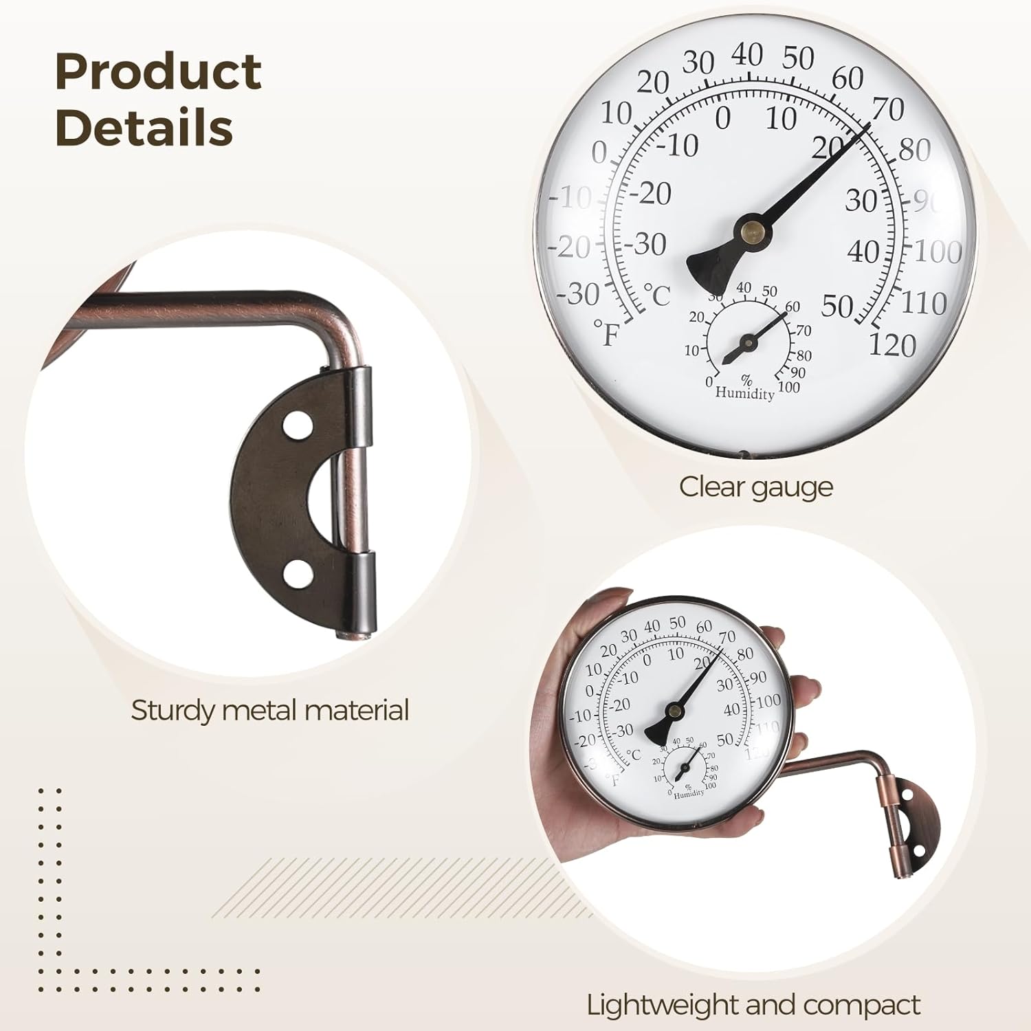 4-in Copper Outdoor Thermometer, Weatherproof with Humidity Gauge, Battery-Free and Easy to Mount On Wall