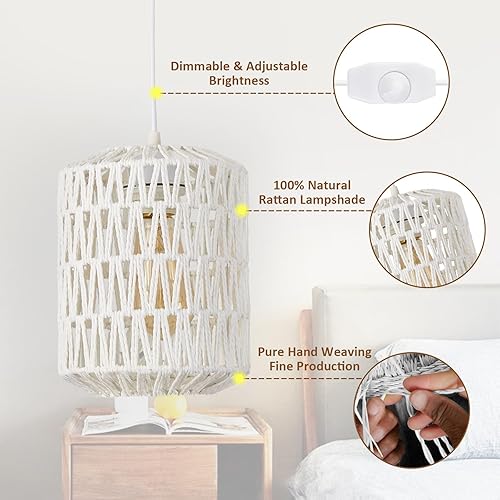 Miniatura 2 de Lámpara colgante enchufable, luces colgantes de ratán con cable de enchufe de 15 pies, cable regulable de 15 pies, pantalla de mimbre tejida a mano,