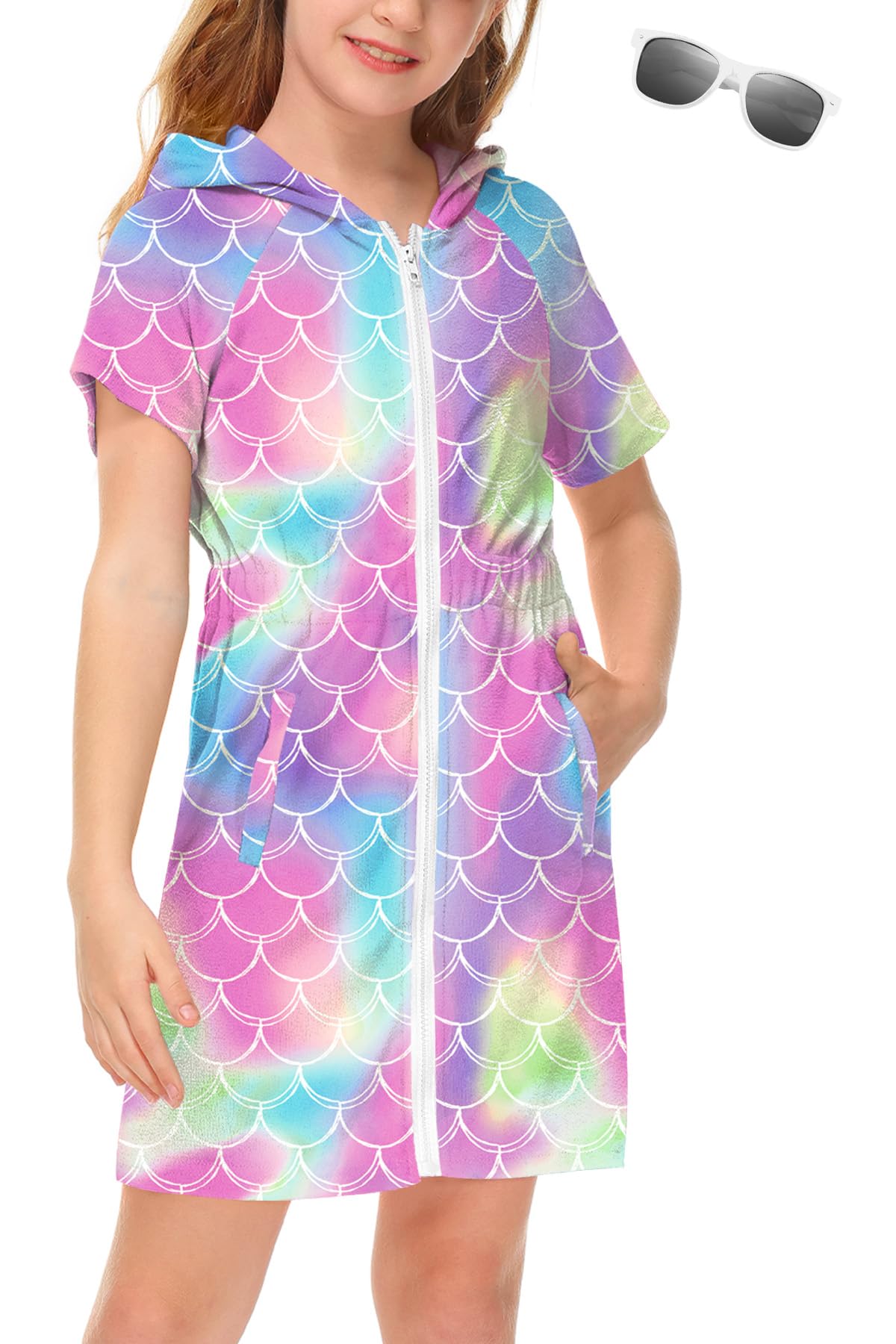 BesserBay Girls Swim Cover Up Beach Bathing Suit Coverups for Swimwear Zip-Up Terry Cloth Robes with Sunglasses 6-14 Years