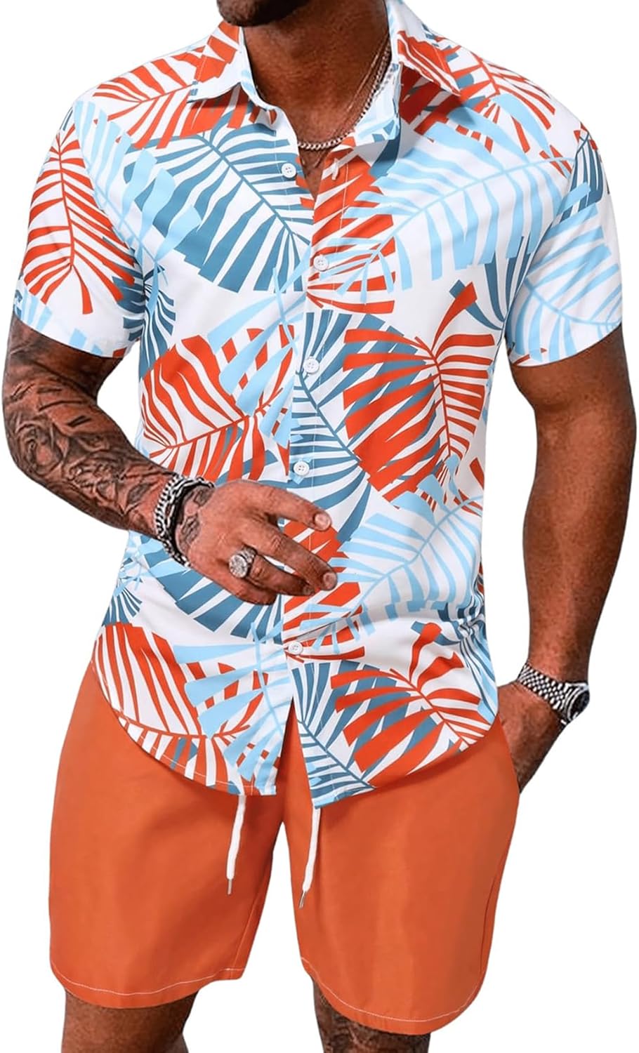 Yimoon Mens Summer Beach Vacation Outfits 2 Piece Tropical Short Sleeve Button Down Hawaiian Shirt and Shorts Set
