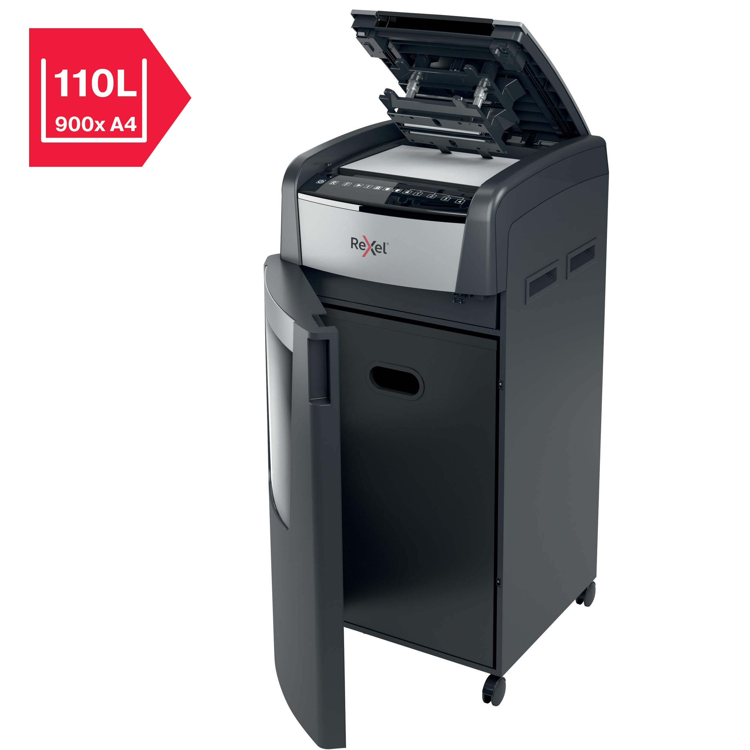 REXEL Optimum Auto Feed+ 600X, Distruggidocumenti Automatico, 600-660 Fogli (80-70 gr/mq), Taglio a Frammento, Livello di Sicurezza P-4, per i Grandi Uffici, Capacità 110 Litri, con Ruote, 2020600XEU