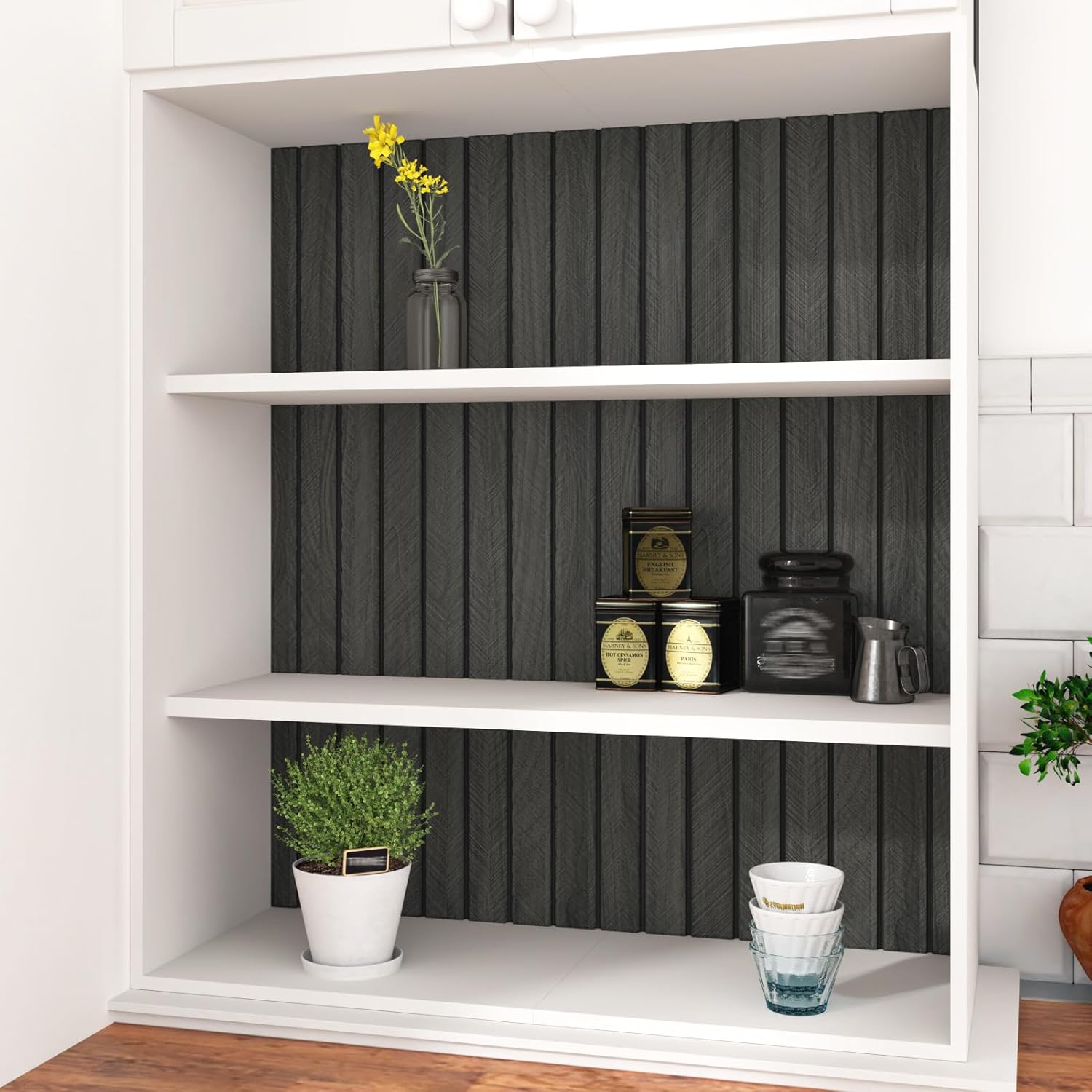 Grey/Black 3D Wood Panels for Interior Wall Decor Self Adhesive Wood Slat Wall Paneling Peel and Stick Sound Froof Foam Wooden Panels Wallpaper for Walls Bedroom Office Studio 23.6" x 118"