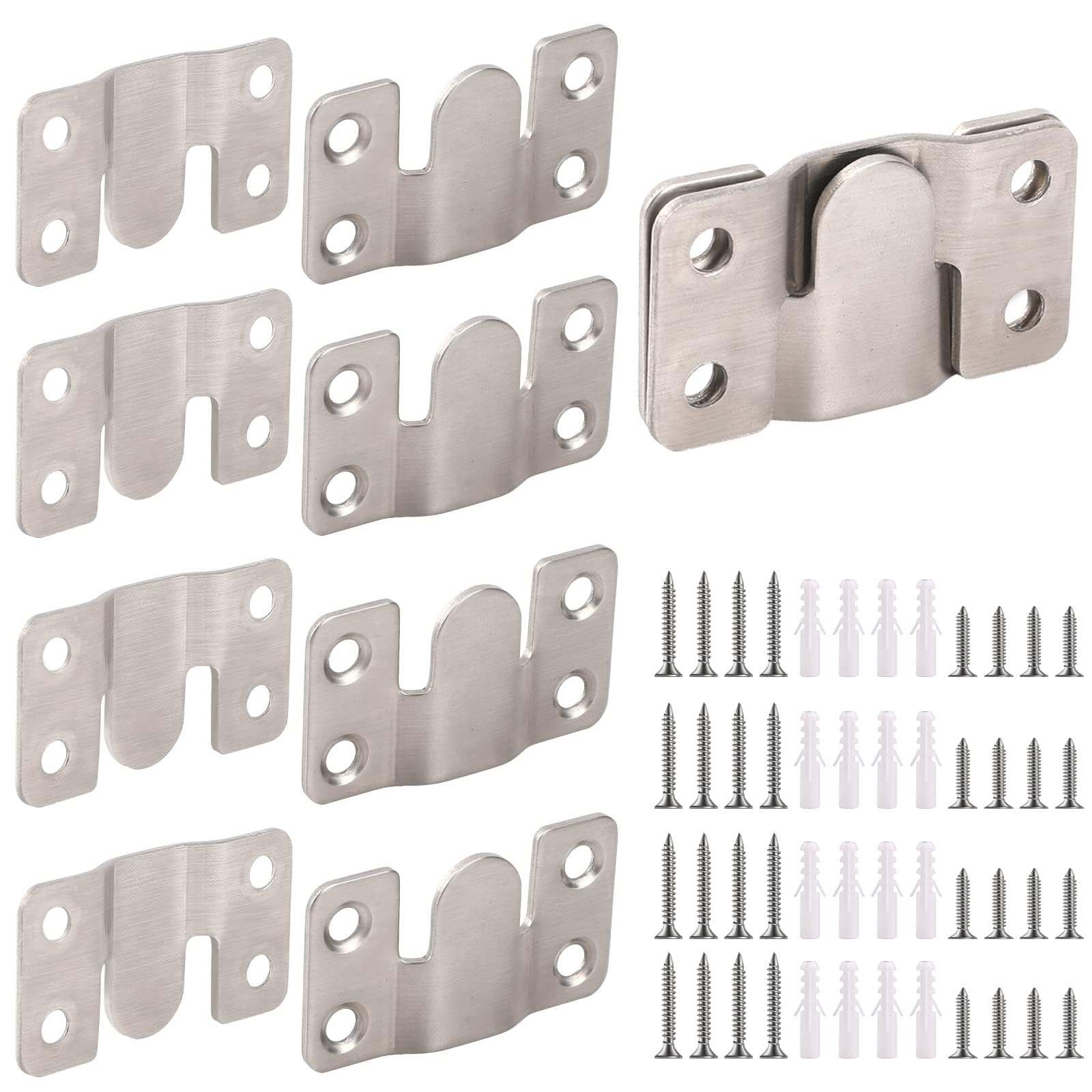 Interlocking Flush Mount Bracket Picture Hanging Hooks, Stainless Steel Heavy Duty Photo Frame Hook, Large Picture Hanger Hanging Buckle, Furniture Connector Headboard Wall Mounting Hardware, 4 Pairs