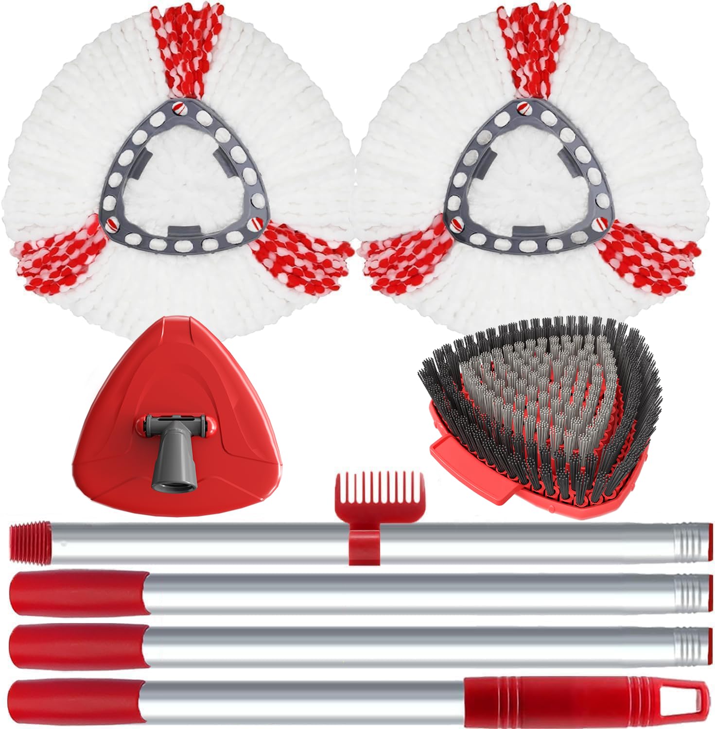 Spin Mop Head Replacement Compatibility with Vileda All Turbo System, 2 Microfiber Mop Refill+1 Handle+1Base+1 Cleaning Brush Comb, Shower Floor Scrubbing Brush Replace Head Deck Scrubber