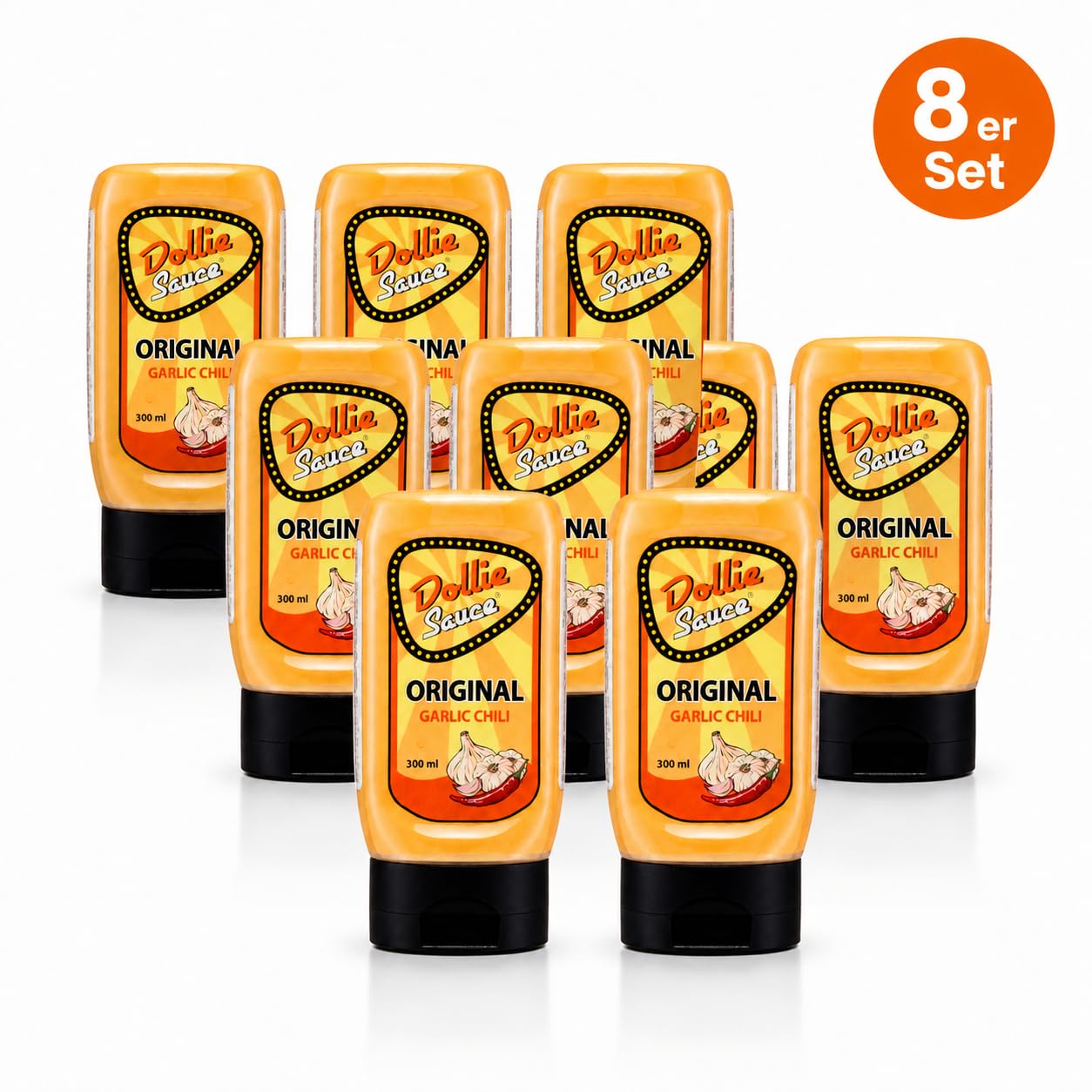 Dollie Sauce Original Garlic Chili – 8er Set (8 x 300 ml) – Würzige Knoblauch-Chili-Sauce – Perfekt zu Burger, Grillfleisch, Pommes & Sandwiches