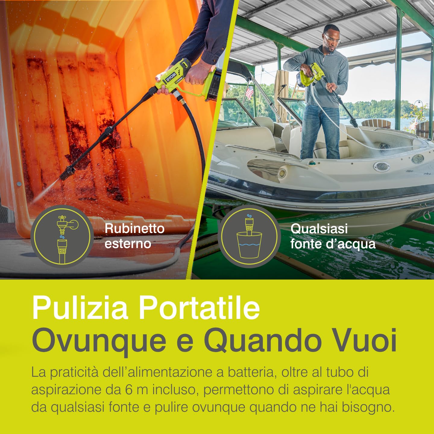 Ryobi Idropulitrice Portatile a Batteria 18V ONE+ con Batteria 2,5Ah e Caricatore, 22 bar, Autoadescante, Ugello Multigetto, Alloggiamento Batteria Impermeabile, RY18PW22A-125