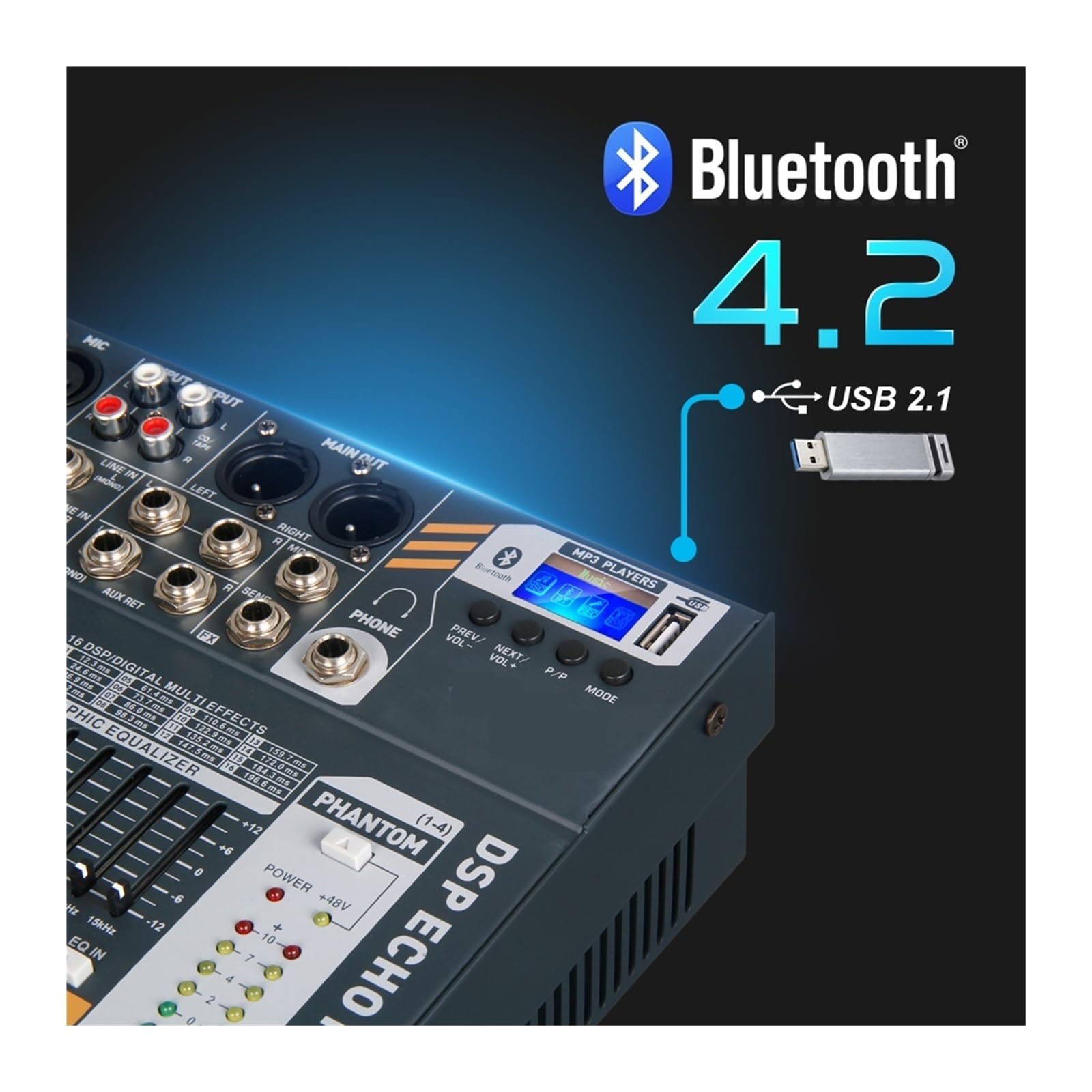 Mezclador de audio, ¡Sonido limpio! Mezclador DJ de 12 canales con alimentación Phantom 48 V y USB for grabación en escenario Para karaoke en estudio