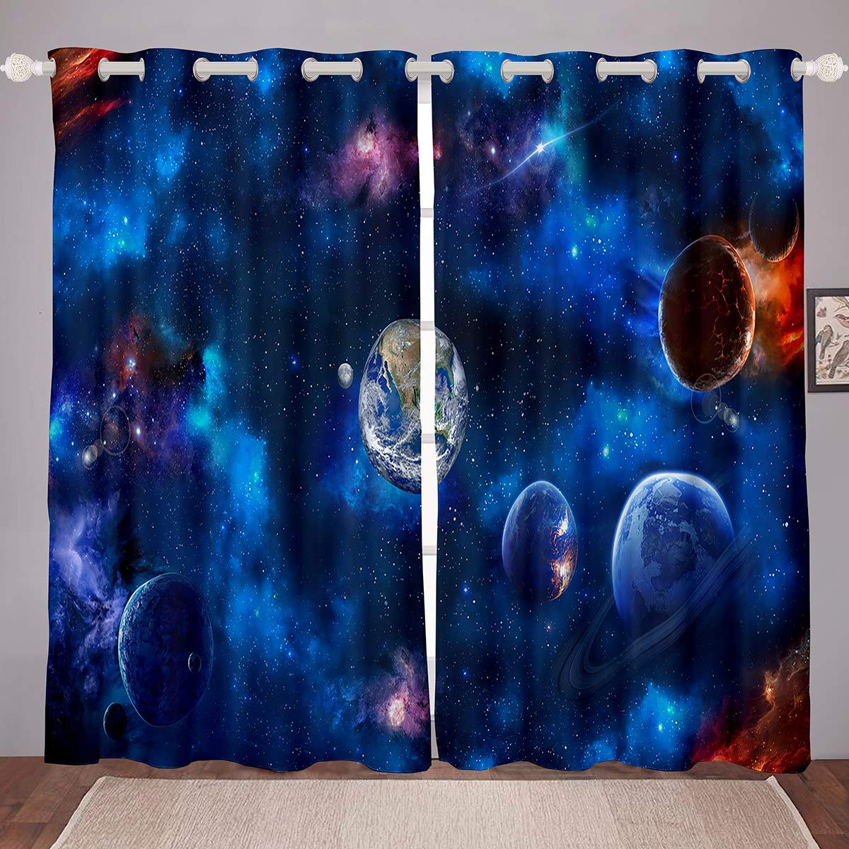 Homemissing Boys Multi 5 Galaxy Curtain Universe Planet Window Drapes Outer Space Themed Window Curtain For Bedroom Living Room Decor Blue Starry Sky Window Treatments W66*L90
