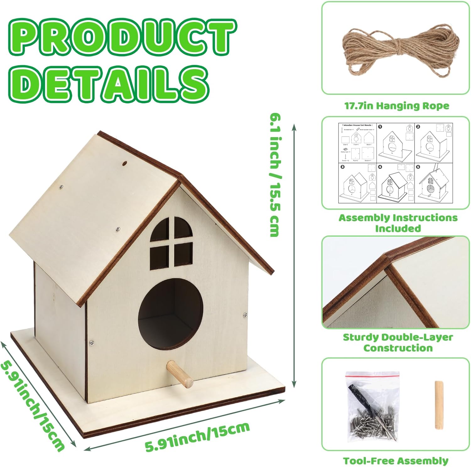 6 Pack Wooden DIY Birdhouse Kit for Kids Adults, Thickened Double-Layer Wood with Screwdrivers, Nails, Ropes, Easy Build & Paint Arts and Crafts Set for Backyard Garden Bird Watching