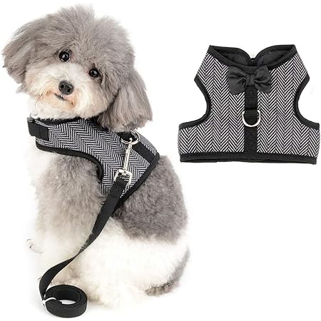 Amazon Zunea 犬用 ハーネス 小型犬 猫 ベスト ハーネス リードセット 夏秋服 抜けない ボーダー柄 おしゃれ 軽量 胸あて式 首輪 蝶ネクタイ付き ペット チワワ 胴輪 ソフトコットン 簡単着脱 ジャケット 超小型犬 子猫 子犬 散歩用 グレー S Zunea