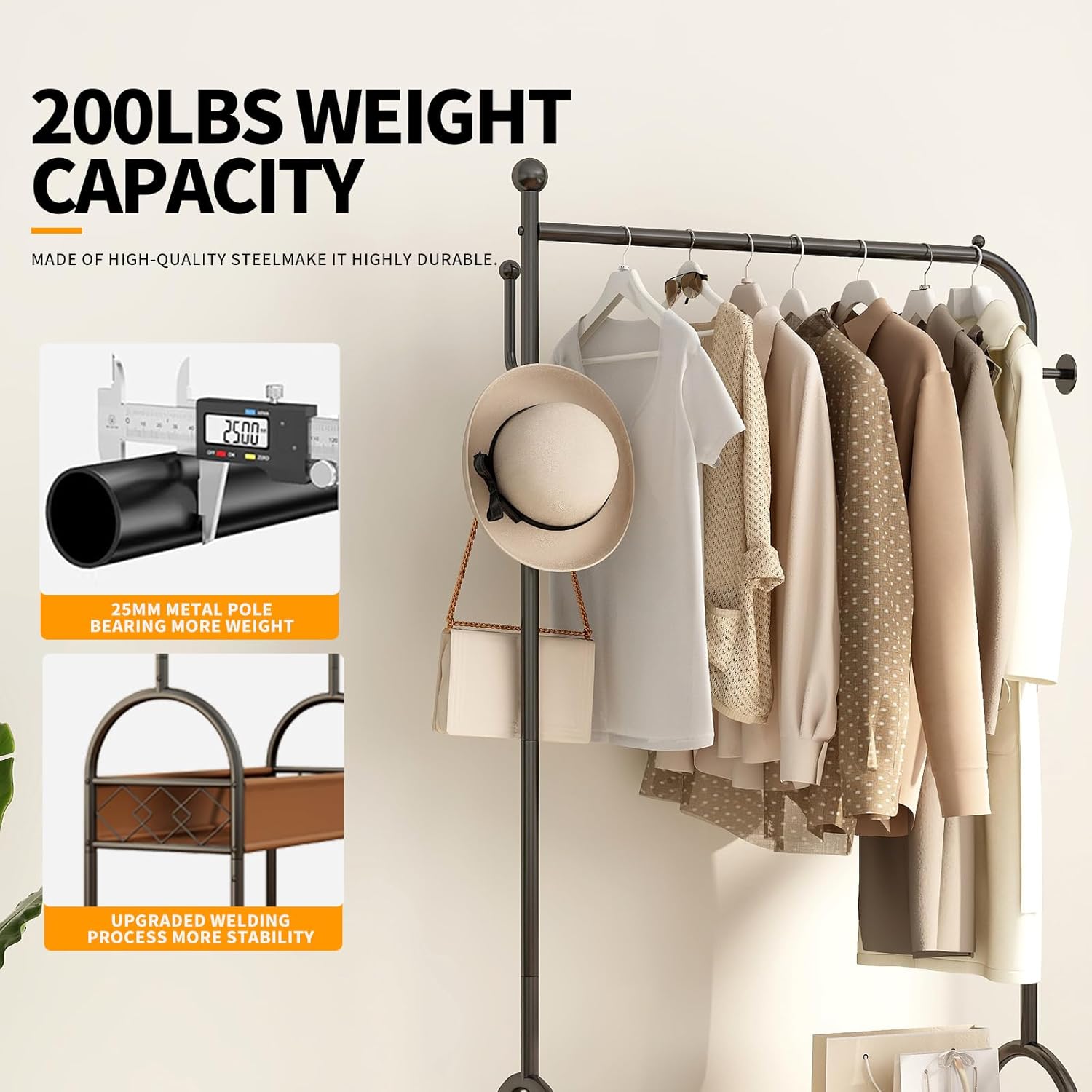 Heavy Duty Double-Layer Garment Rack with Lockable Casters, 200LBS Capacity Carbon Steel Free-Standing Clothes Rack for Bedroom, Entryway, Living Room, Laundry Room