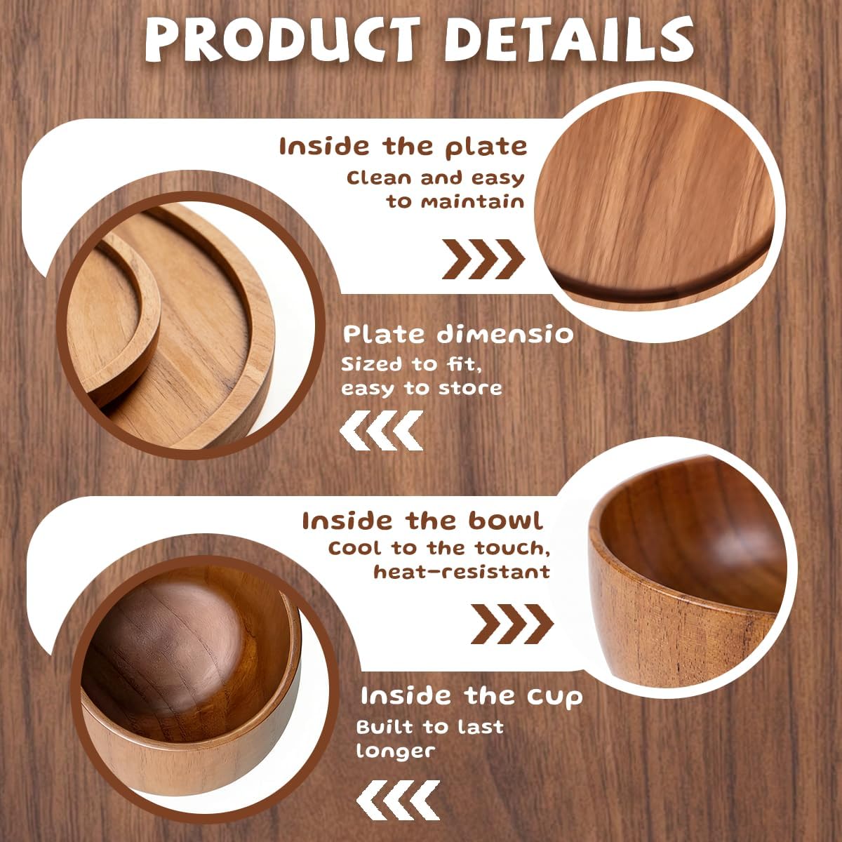 Wood Dinnerware Set,8 Inch 10 Inch Round Plates,Bowls and Cups,16 Pcs | 4 Person Wooden Dinner Ware Set,for Meals,Snacks and Desserts