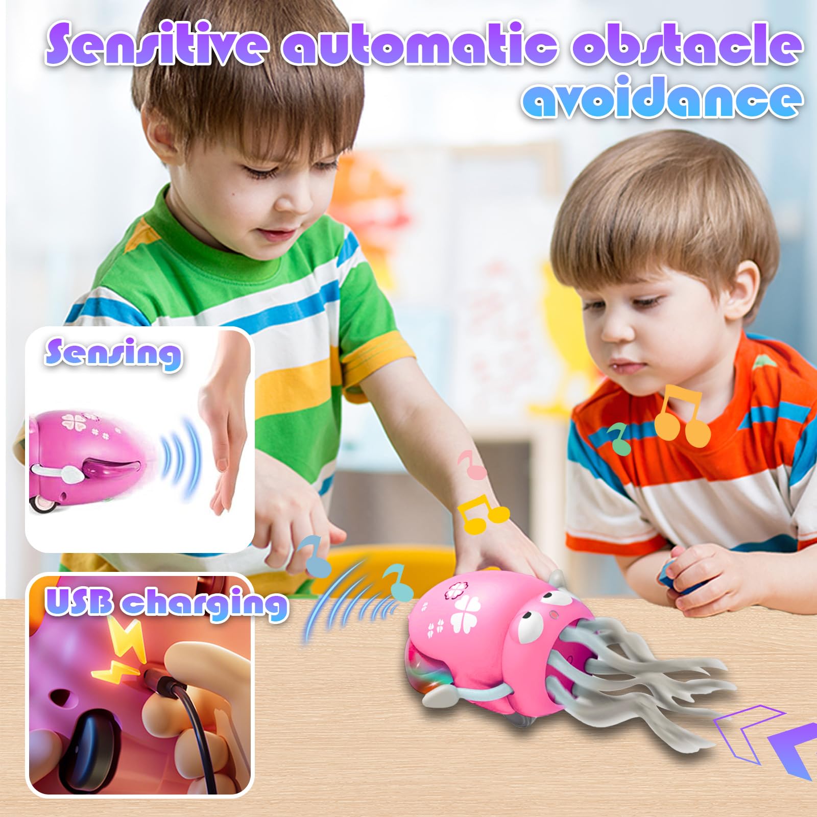 Uyapsen Electric Dancing Octopus Toy for Kids - Automatic Obstacle Avoidance, LED Lights & Music, Interactive Crawling Robot Toy for Toddlers, USB Rechargeable, Gift for Boys Girls (Pink) 2