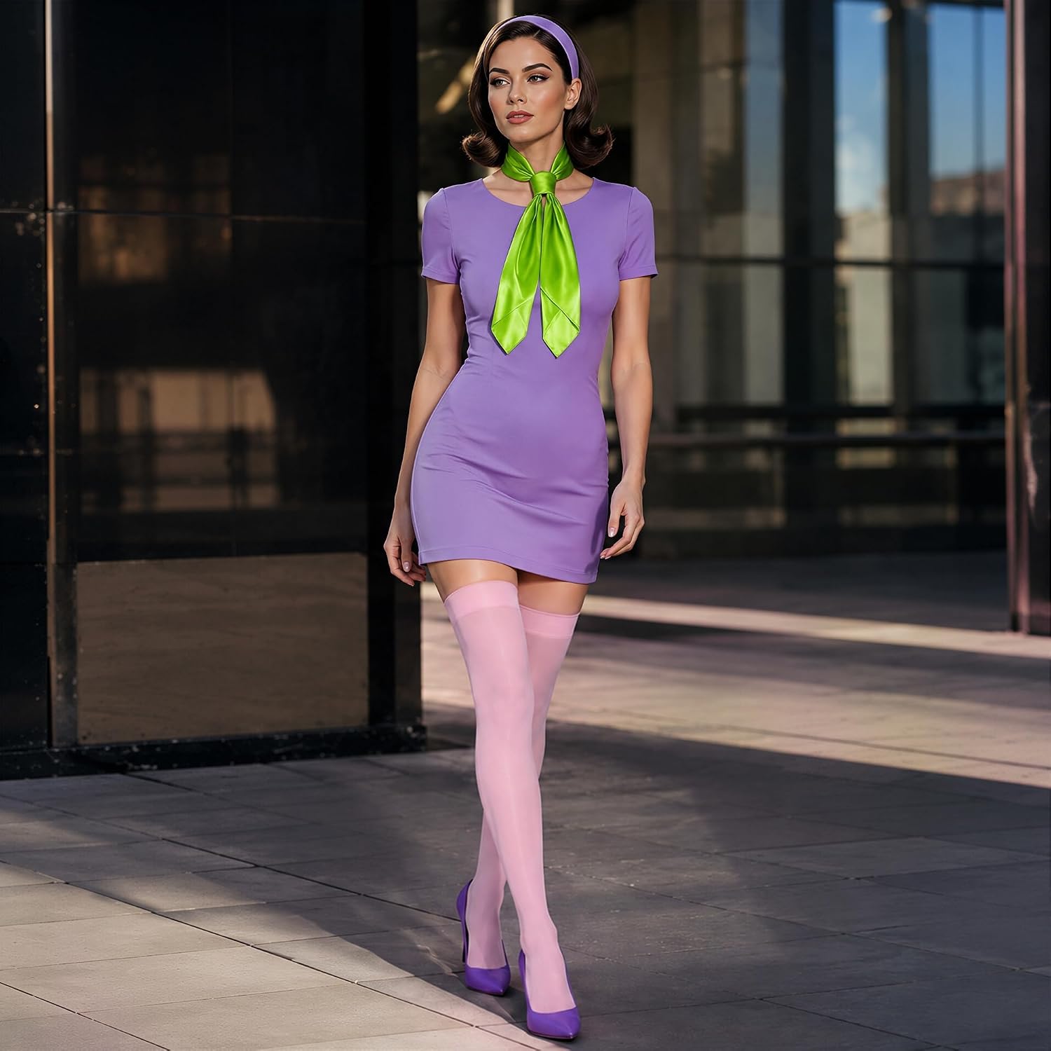 MUKOSEL Halloween Costume for Women with Headband Green Scarf High Socks