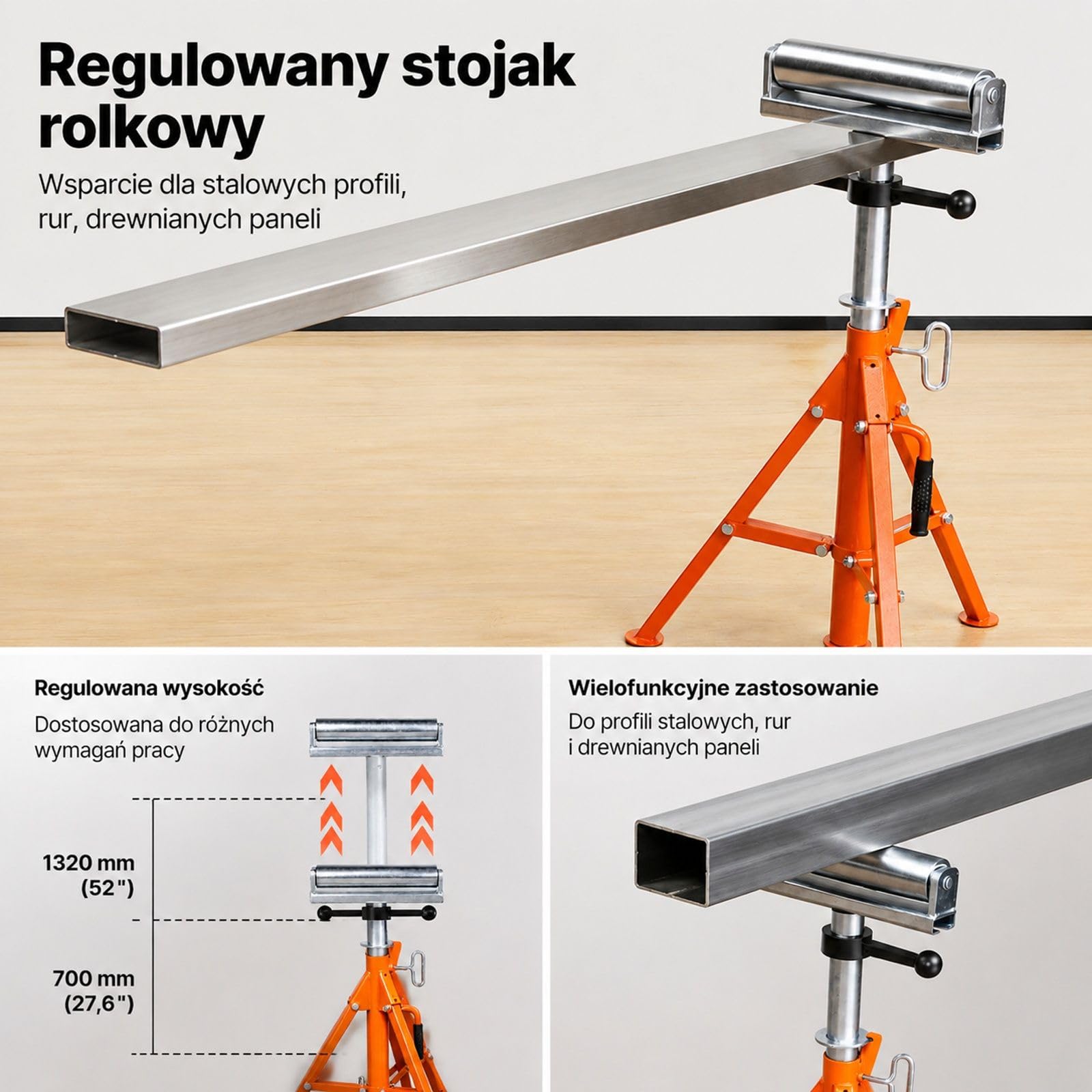 Regulowany stalowy stojak rolkowy, składana podpora robocza i montażowa do piły stołowej, strugarki oraz szlifierki, z głowicą rolkową