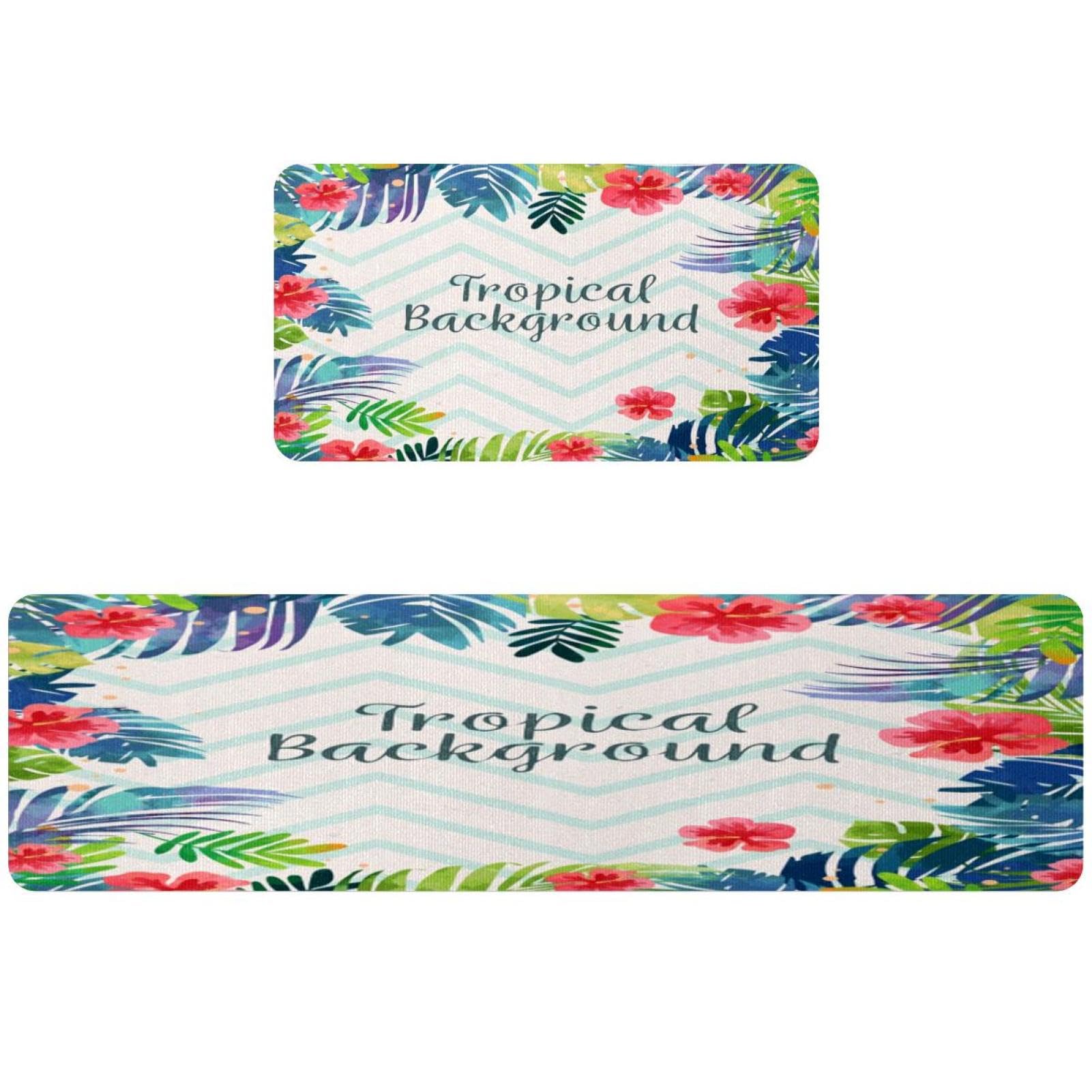 Tapis de cuisine tropical motif fleurs et chevrons bleus pour buanderie lot de 2