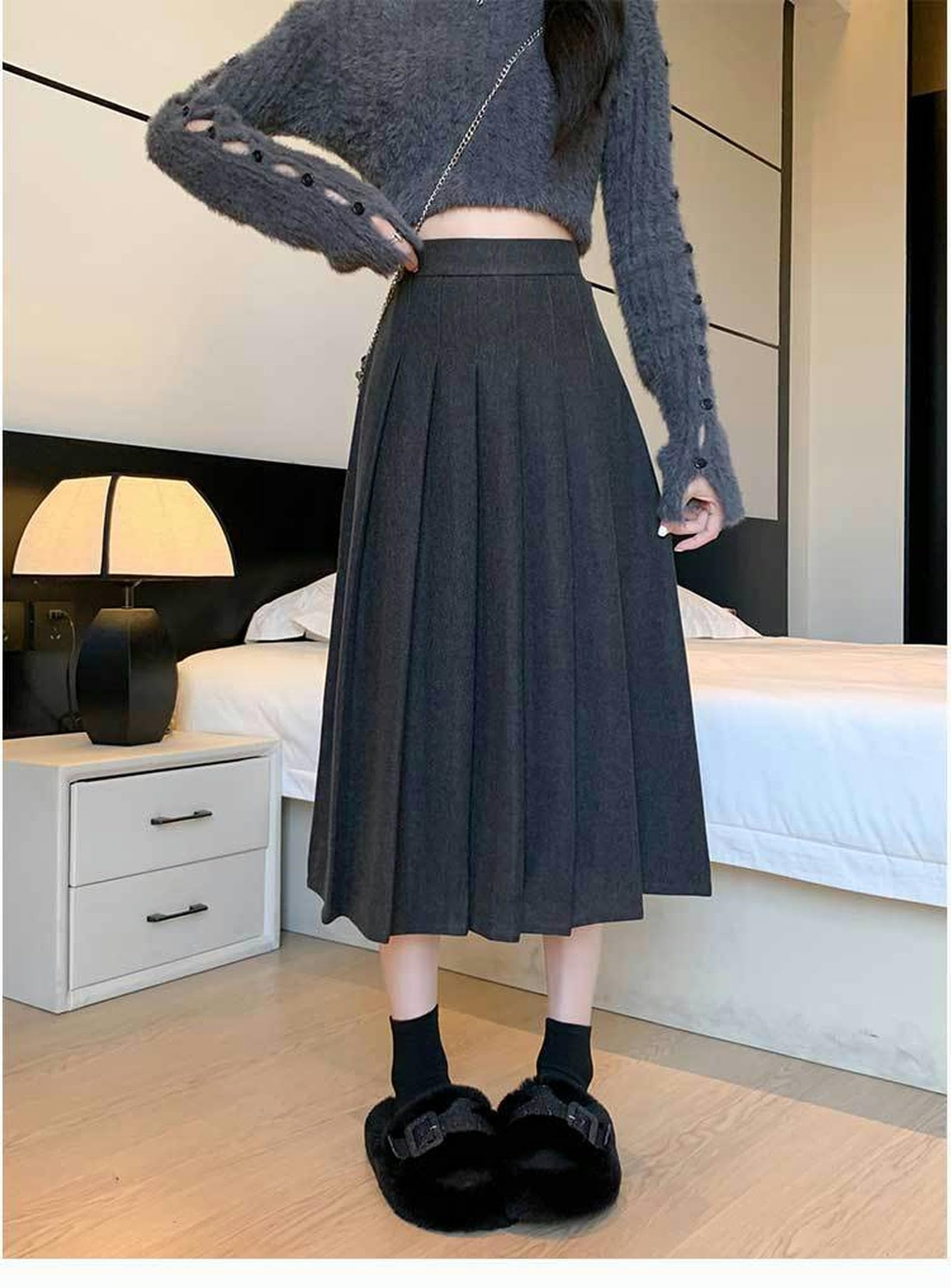 Gonna Lunga Donna Gonna Plissettata di Lana Spessa Donna Autunno E Inverno A Vita Alta Slim Loose di Grandi Dimensioni Elastica di Media Lunghezza-Grigio Scuro (esteso)-s