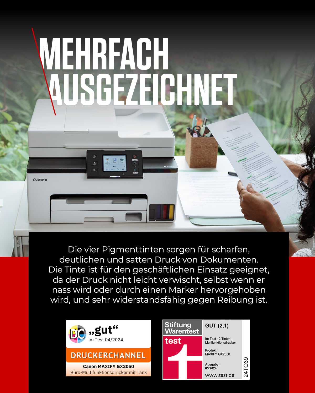 Canon MAXIFY GX2050 Tintenstrahldrucker 4-in-1 Multifunktionsgerät DIN A4 (Drucker, Scanner, Kopierer, Fax, ADF, 600x1200 DPI, WLAN, USB, 15/10 ISO-Seiten/Min., Duplexdruck, 250 Blatt Kassette) weiß