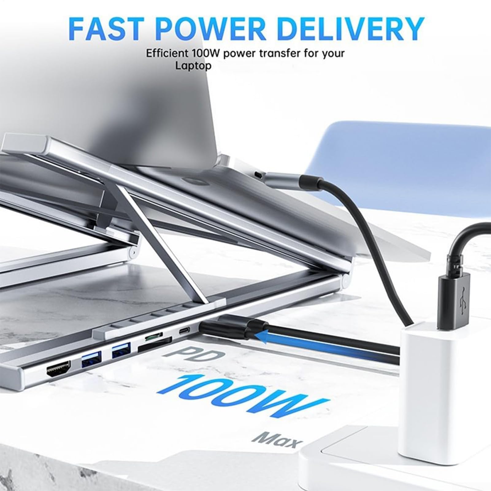 Docking station per computer portatile, altezza regolabile, design ergonomico, ricarica rapida, 8 in 1, per casa, lavoro, desktop e tablet