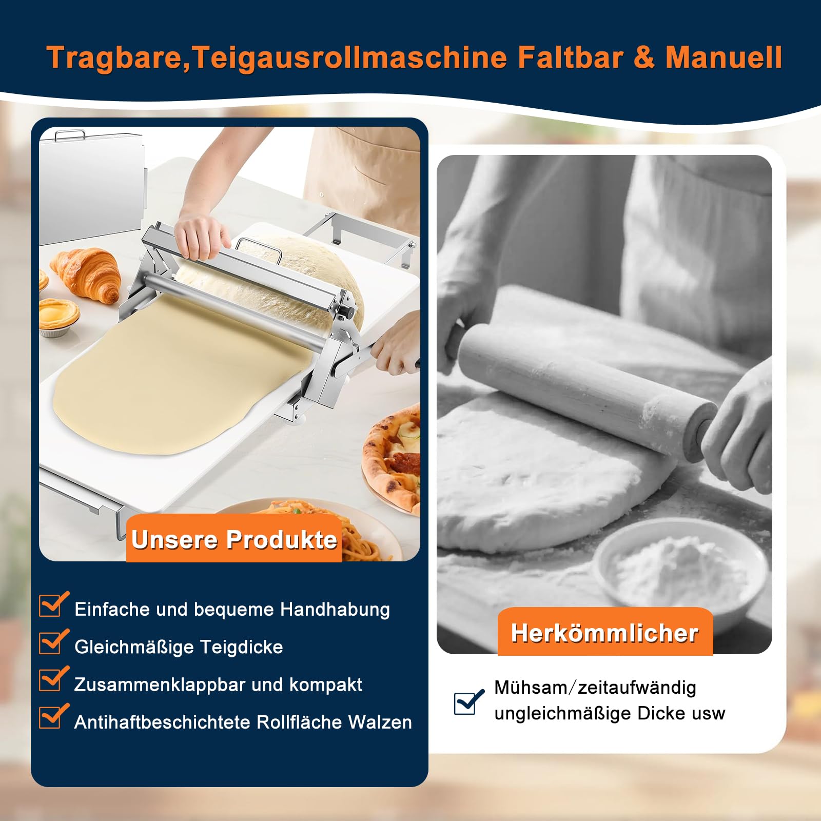 Tragbare,Teigausrollmaschine Faltbar & Manuell | Einstellbare Teigdicke 0-25 mm für Pizzateig, Blätterteig, Nudelteig & Croissants | Edelstahl (90x40cm)