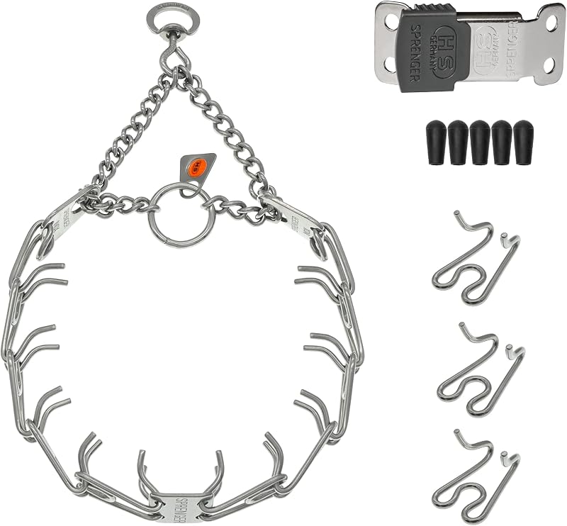 Coleira de Pinos para Adestramento de Cães em Aço Inoxidável Herm Sprenger com Fivela ClicLock, 3 Elos Extras e 30 Ponteiras, 16"