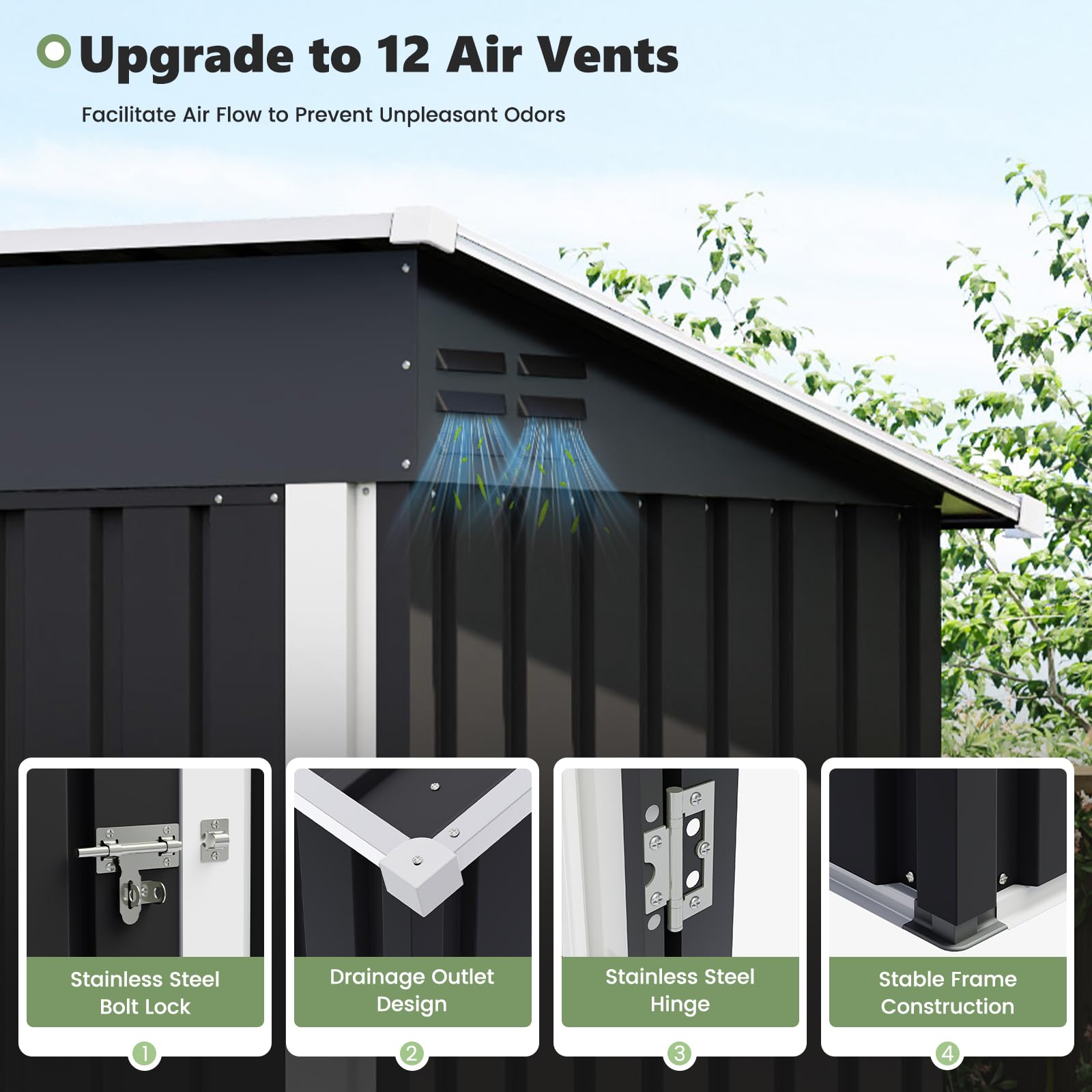 UDPATIO Casetta da Giardino in Metallo 164x86x181 cm 2.1 m³ Armadio da Esterno Impermeabile con Porta e Serratura Nero
