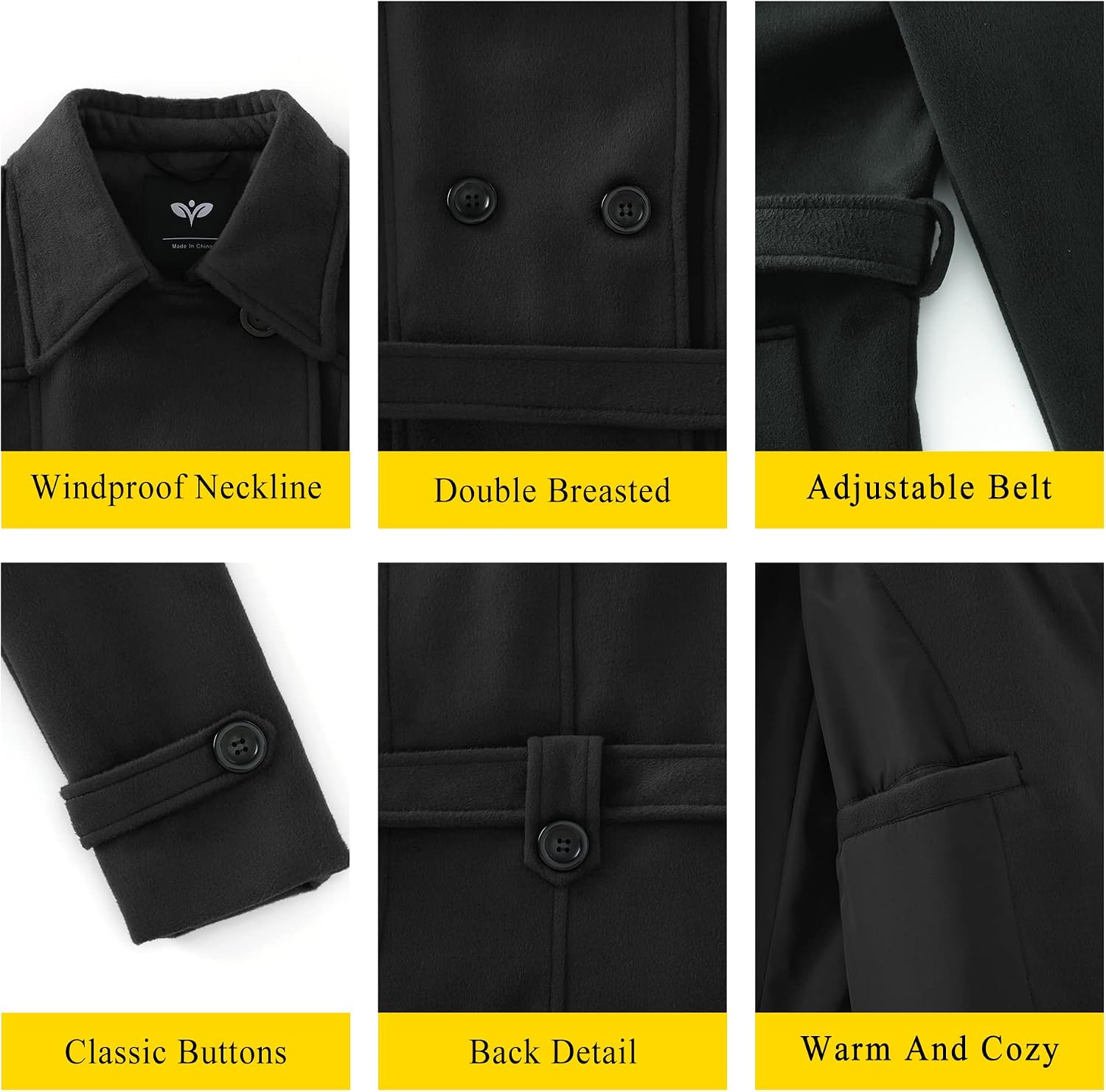 GGleaf Women's Double Breasted Pea Coat Slim Mid-Long Trench Coat Winter Windproof Outwear Black Small
