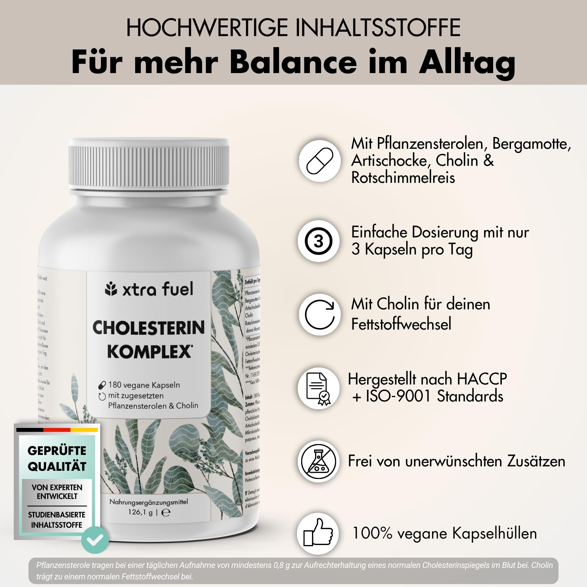 Cholesterin Komplex mit Pflanzensterolen & Cholin – 180 vegane Kapseln (hochdosiert) – Bergamotte, Artischocke & Rotschimmelreis Extrakt mit Monacolin K – vegan & laborgeprüft