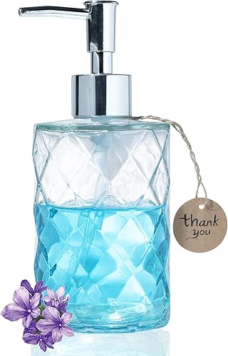 Crocon Dispensador de jabón de vidrio con diseño de diamante de 12 onzas, bomba de acero inoxidable a prueba de óxido, paquete de 3 bombas de acero