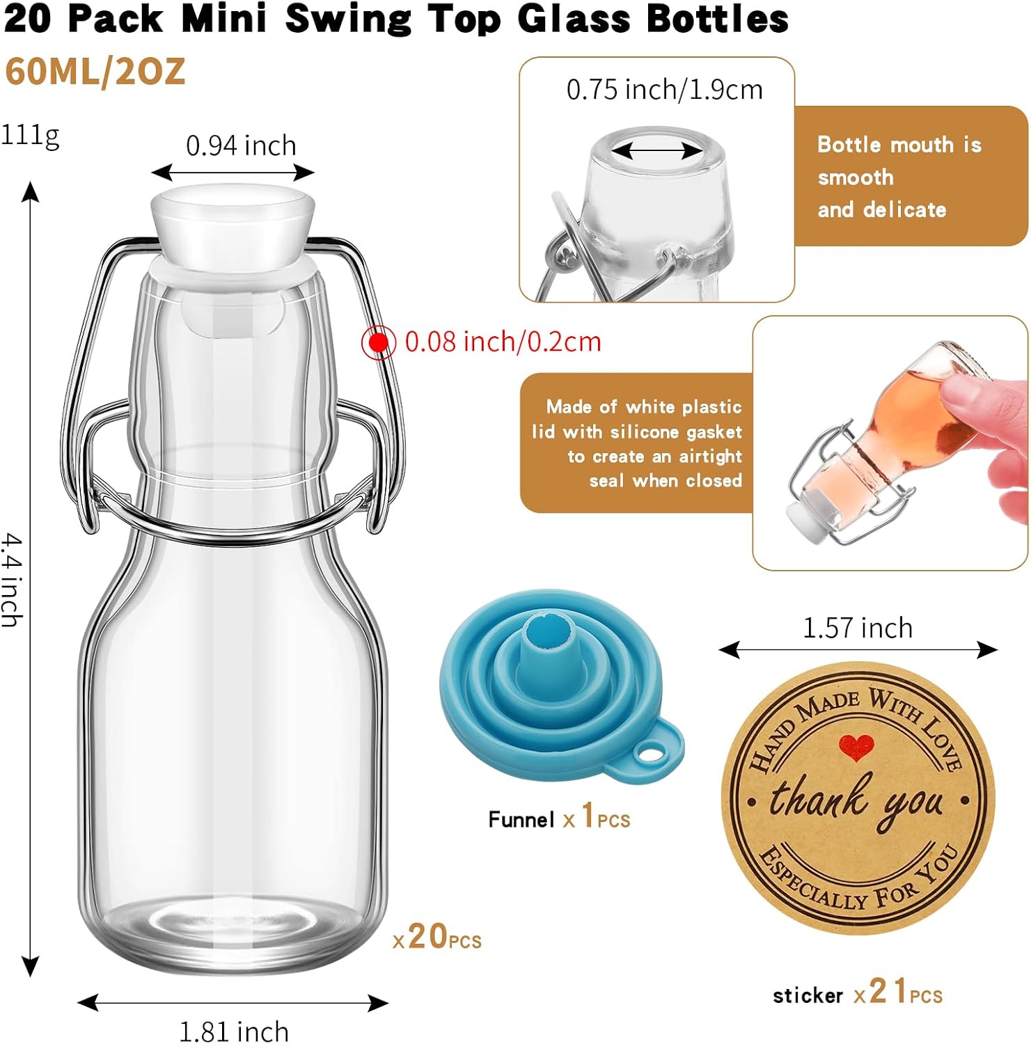 20Pcs White 2 oz Mini Swing Top Glass Bottles, 60ML Mini Storage Bottles, with Lids Kraft Decoration,Small Glass Bottles,for Wedding Themed Party Favors (20)