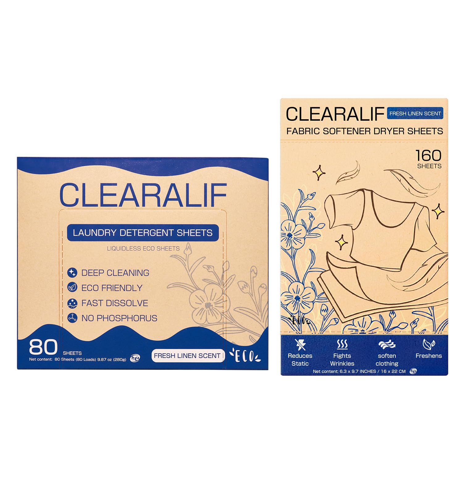 Clearalif All in One Laundry Detergent Sheets Kit, Fresh Linen Scent, 160 Loads Laundry Sheets + 160 Drying Sheets, Laundry Set Great for Travel,