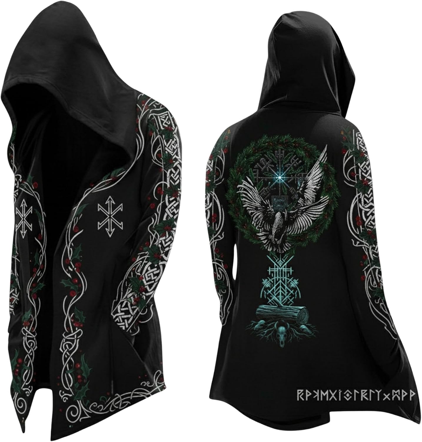 Viking Hooded Cloak, Norse Mythology Rune Hooded Cardigan Winter Jacket for Men, Yule Christmas Pagan Cosplay Clothes