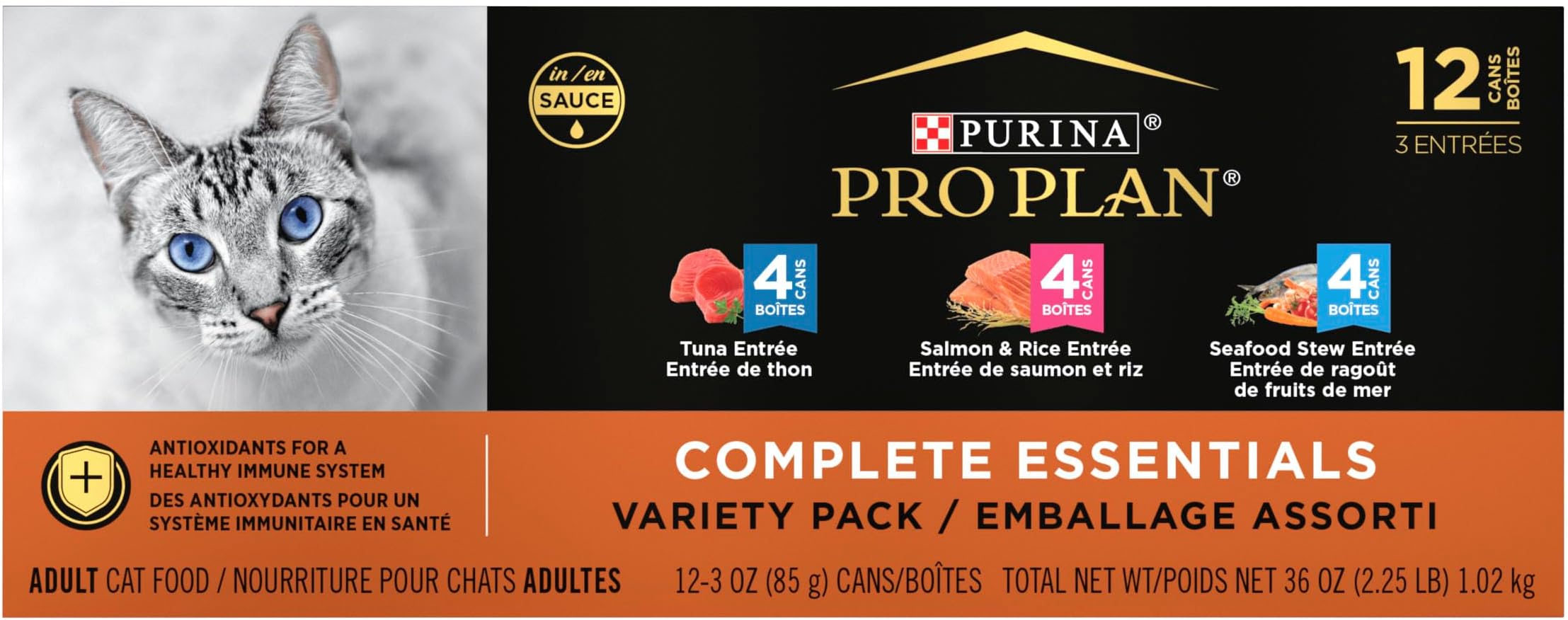 High Protein Wet Cat Food Variety Pack, Complete Essentials Seafood Favorites - (2 Packs of 12) 3 oz. Cans
