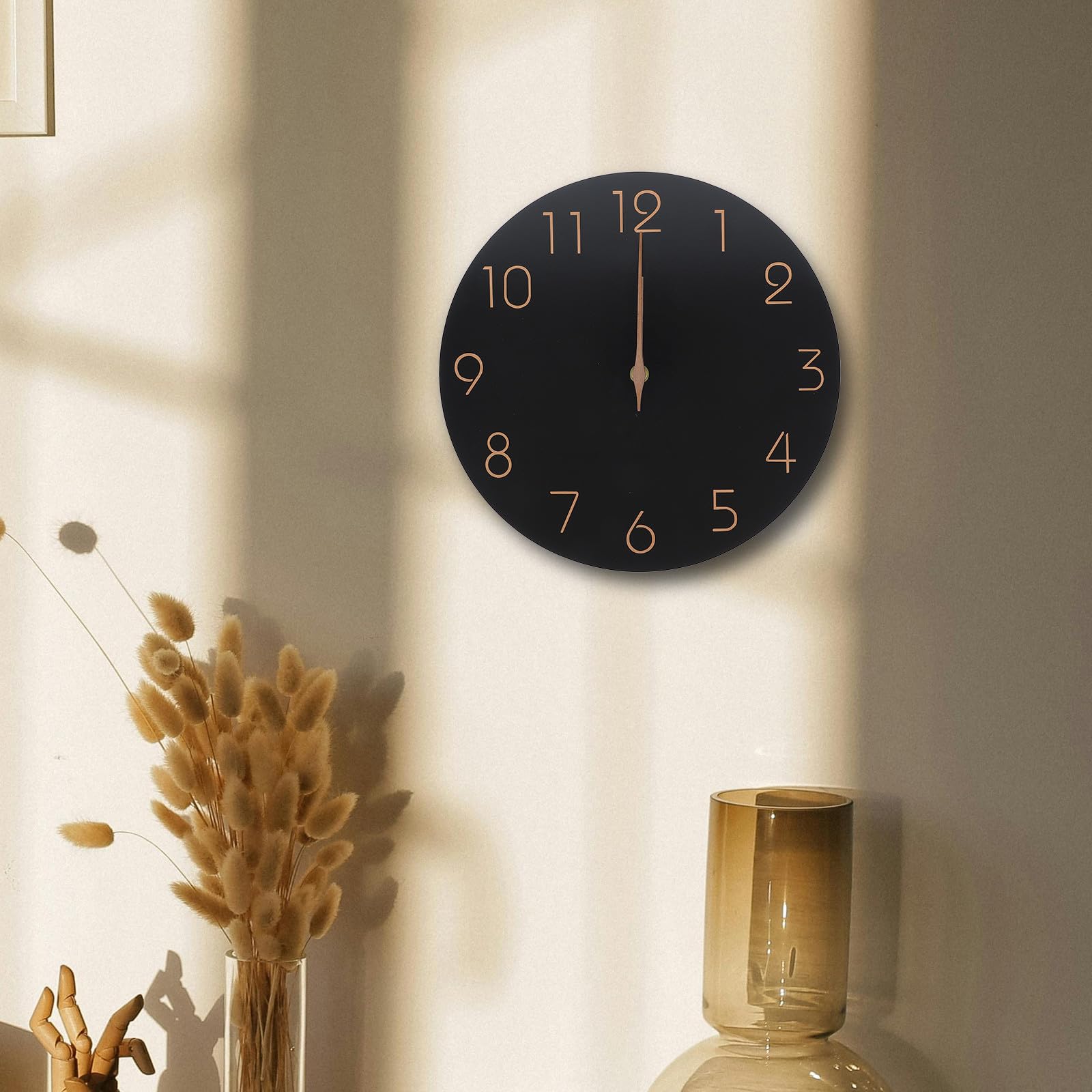 Schwarze Holzwanduhr, 30 cm (12 Zoll), geräuschlos, kein Ticken, rundes Zifferblatt, Moderne minimalistische Wanddekoration für Wohnzimmer, Küche, Schlafzimmer, Homeoffice