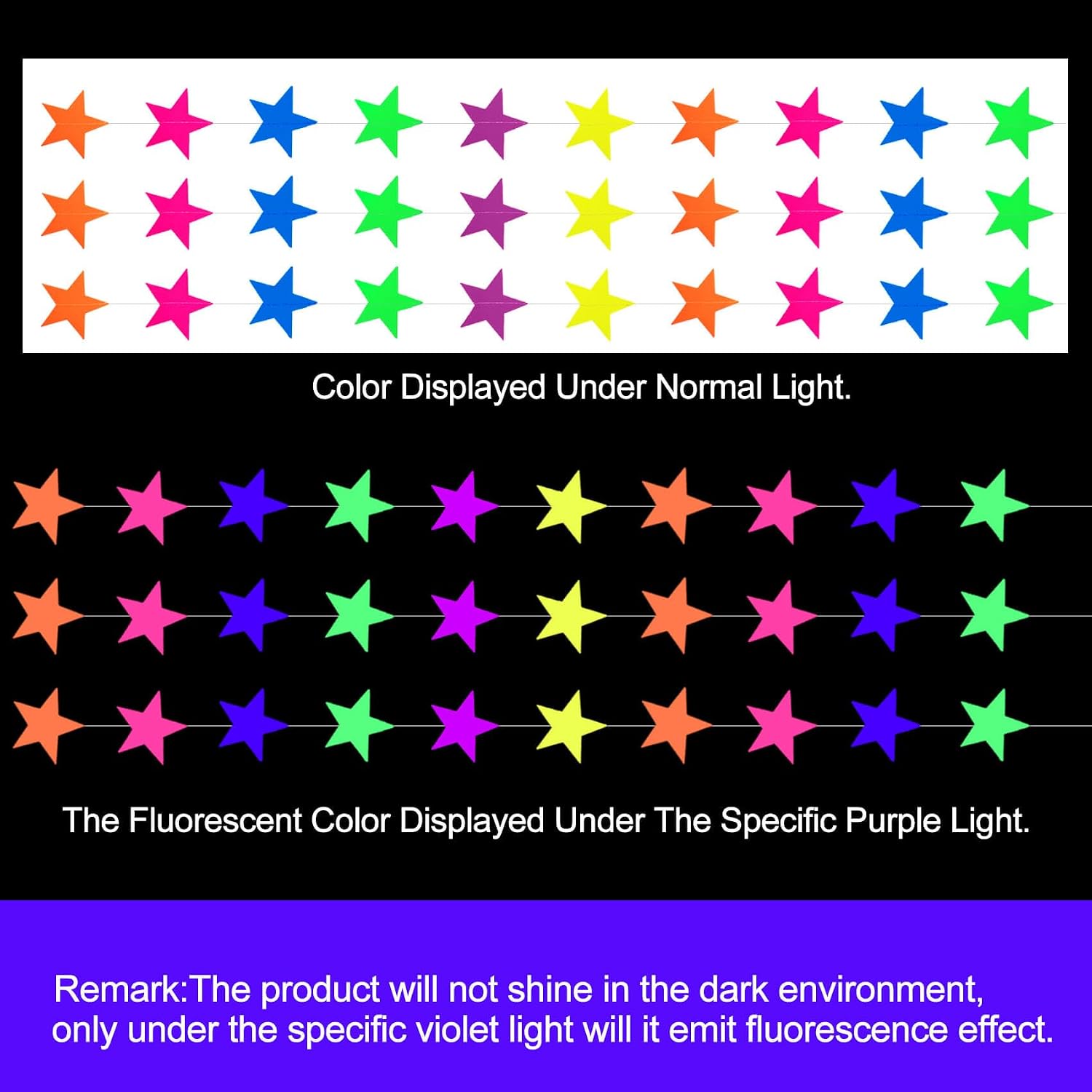 108 Feet UV Neon Paper Star Garland Glow In The Dark Streamers For Party Supplies, Fluorescent Reactive Paper Star Banner For Wedding Birthday Party Favors And Decor image 3